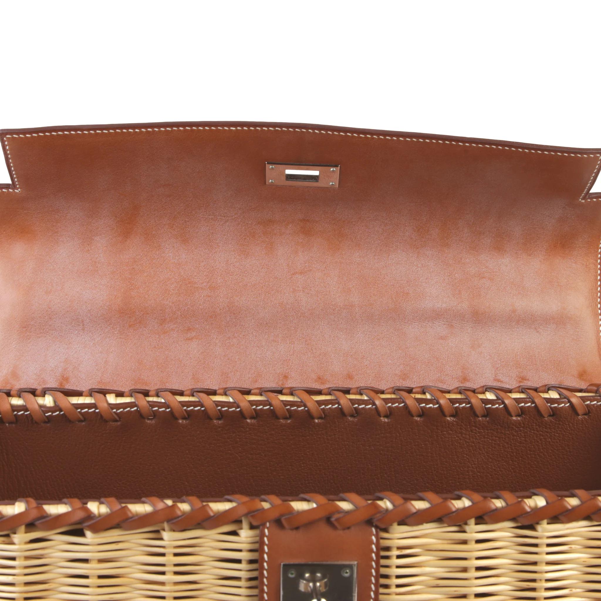 Very Good ( Rank A) HERMÈS Limited Edition Kelly 35 Picnic Fauve (34) Osier Wicker Barenia Palladium hardware Square O (2011) - 16