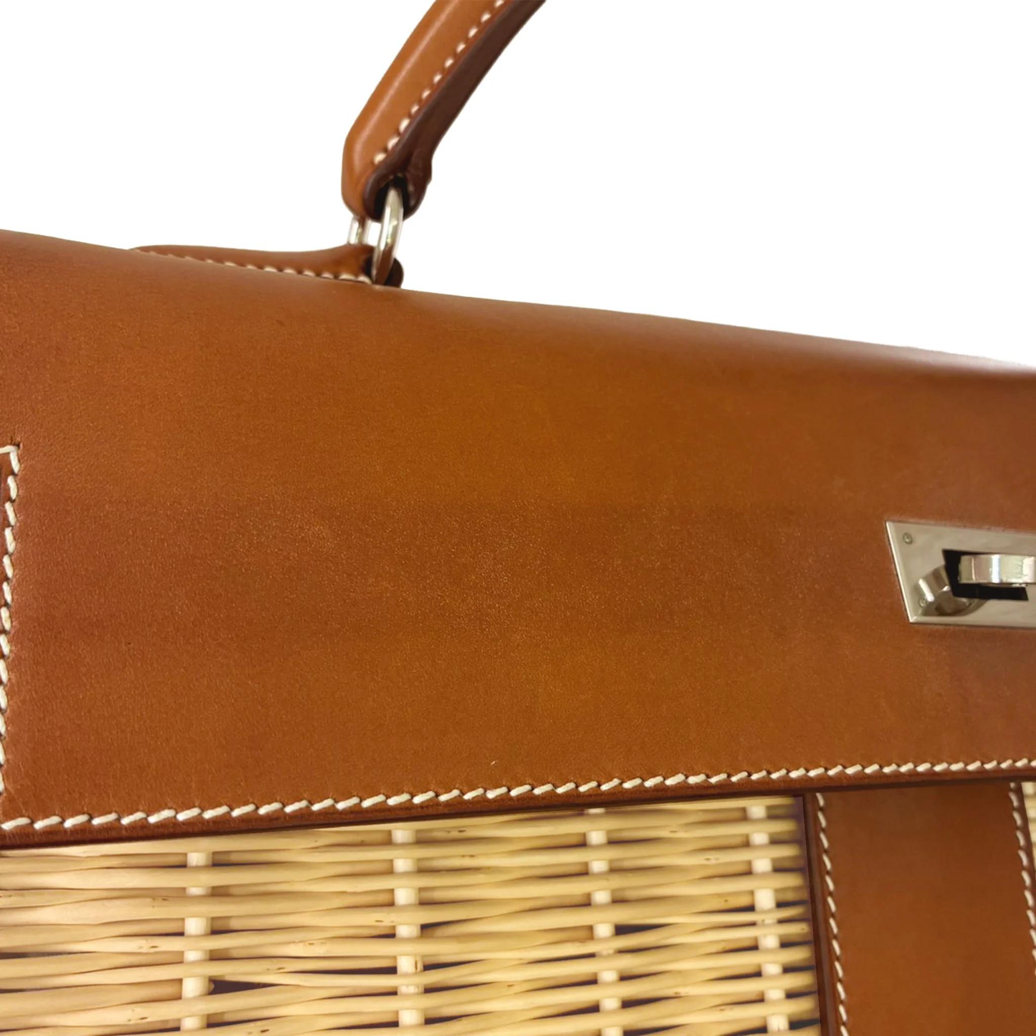 Very Good ( Rank A) HERMÈS Limited Edition Kelly 35 Picnic Fauve (34) Osier Wicker Barenia Palladium hardware Square O (2011) - 11