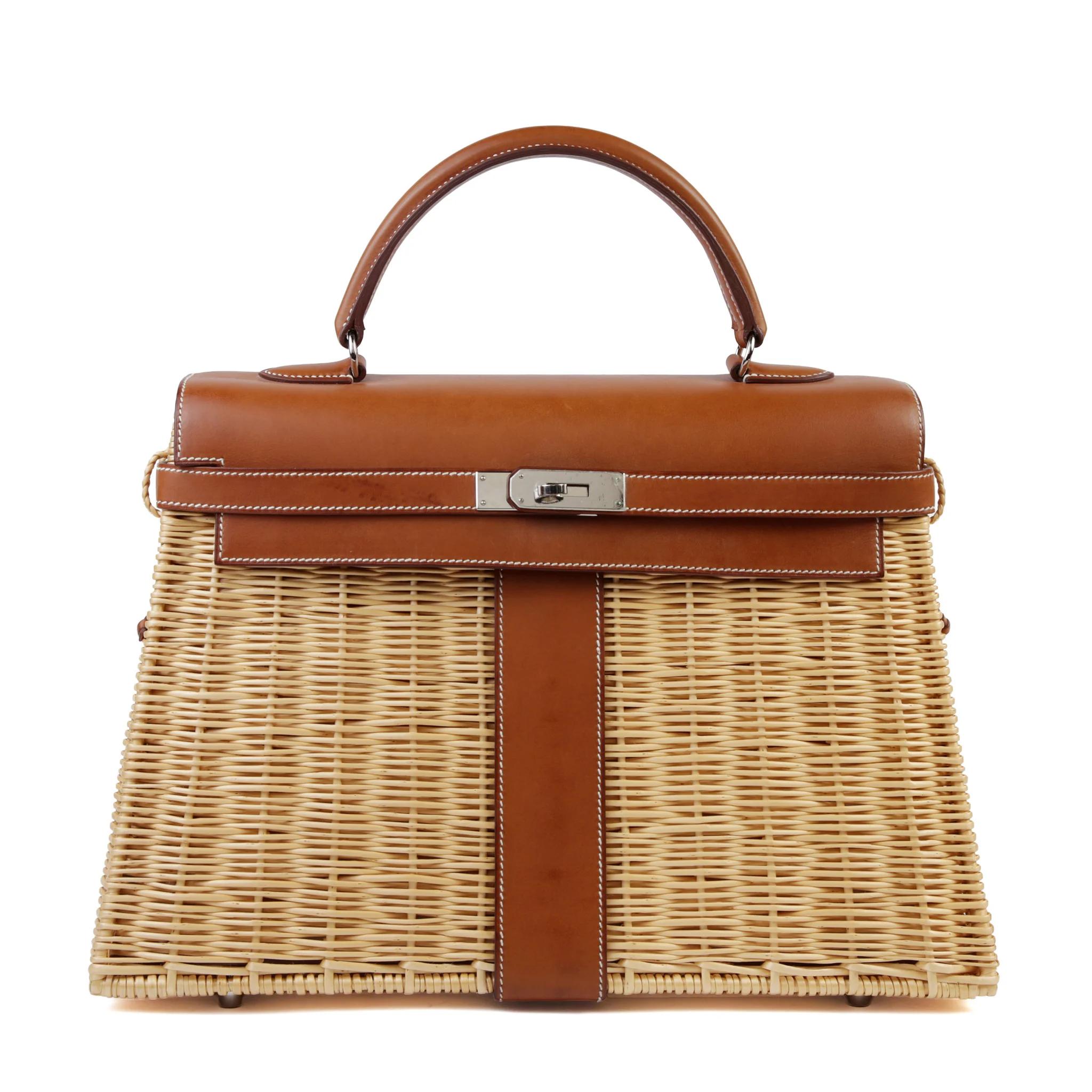 Very Good ( Rank A) HERMÈS Limited Edition Kelly 35 Picnic Fauve (34) Osier Wicker Barenia Palladium hardware Square O (2011) - 1