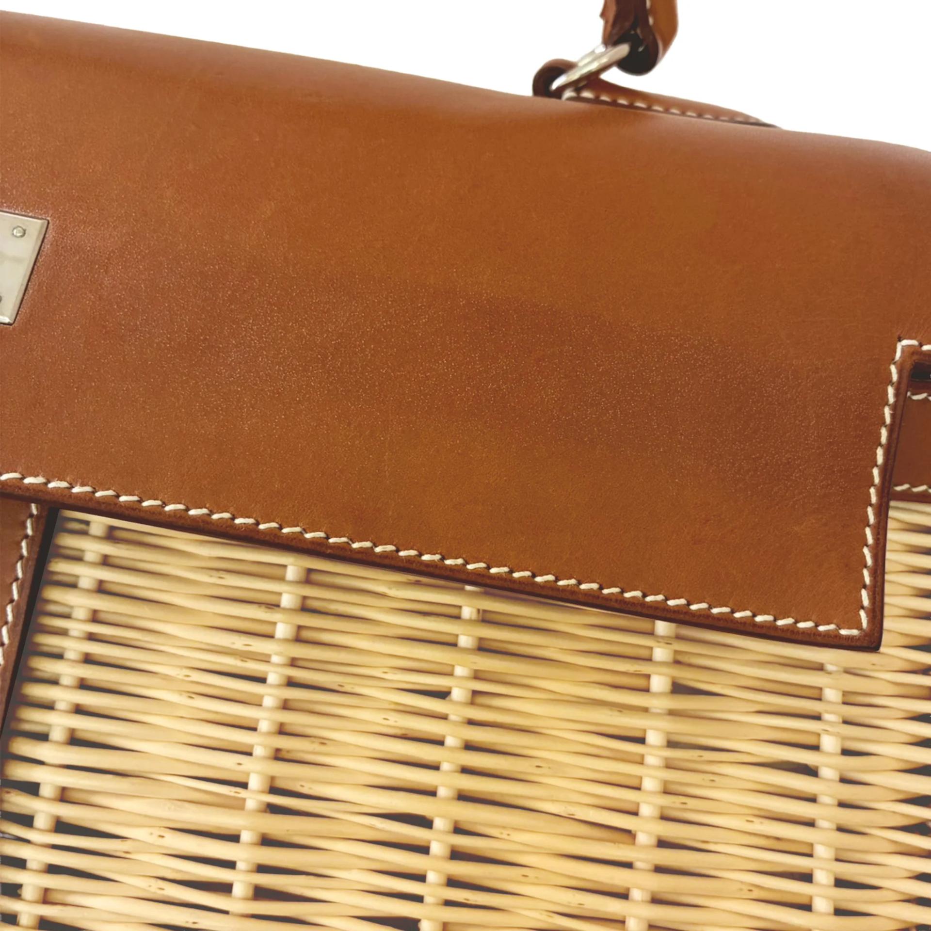 Very Good ( Rank A) HERMÈS Limited Edition Kelly 35 Picnic Fauve (34) Osier Wicker Barenia Palladium hardware Square O (2011) - 12