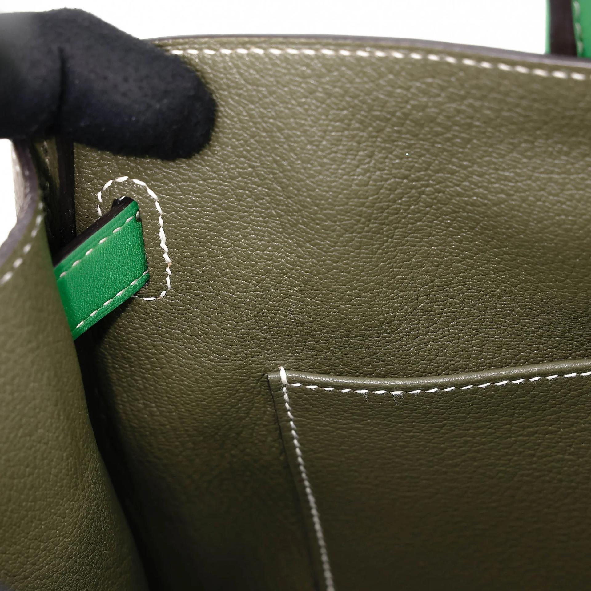 Very Good ( Rank A) HERMÈS Birkin 30 Vert Veronese (6H) Taupe (16) Bamboo (1K) Ostrich Clemence Swift Palladium hardware Square R (2014) - 31