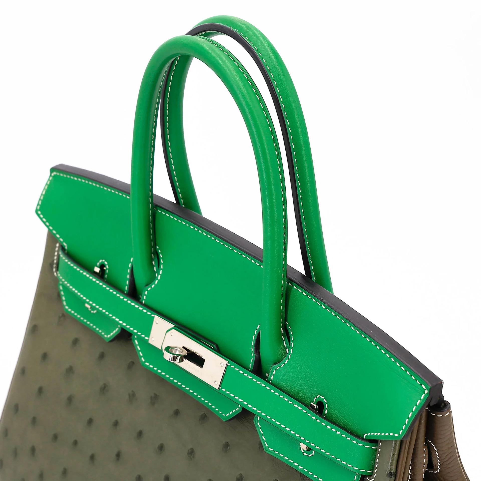 Very Good ( Rank A) HERMÈS Birkin 30 Vert Veronese (6H) Taupe (16) Bamboo (1K) Ostrich Clemence Swift Palladium hardware Square R (2014) - 3