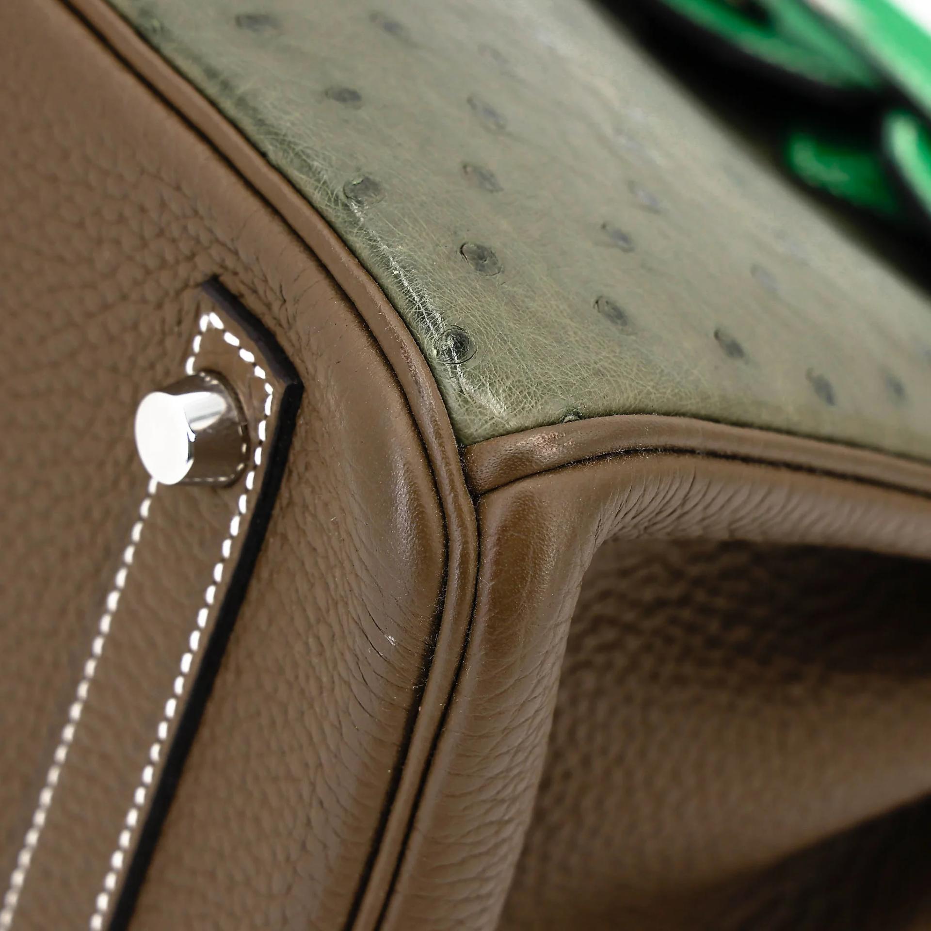 Very Good ( Rank A) HERMÈS Birkin 30 Vert Veronese (6H) Taupe (16) Bamboo (1K) Ostrich Clemence Swift Palladium hardware Square R (2014) - 8