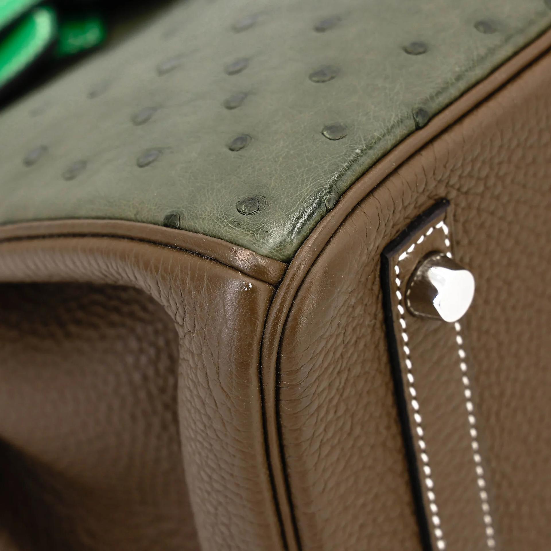 Very Good ( Rank A) HERMÈS Birkin 30 Vert Veronese (6H) Taupe (16) Bamboo (1K) Ostrich Clemence Swift Palladium hardware Square R (2014) - 9