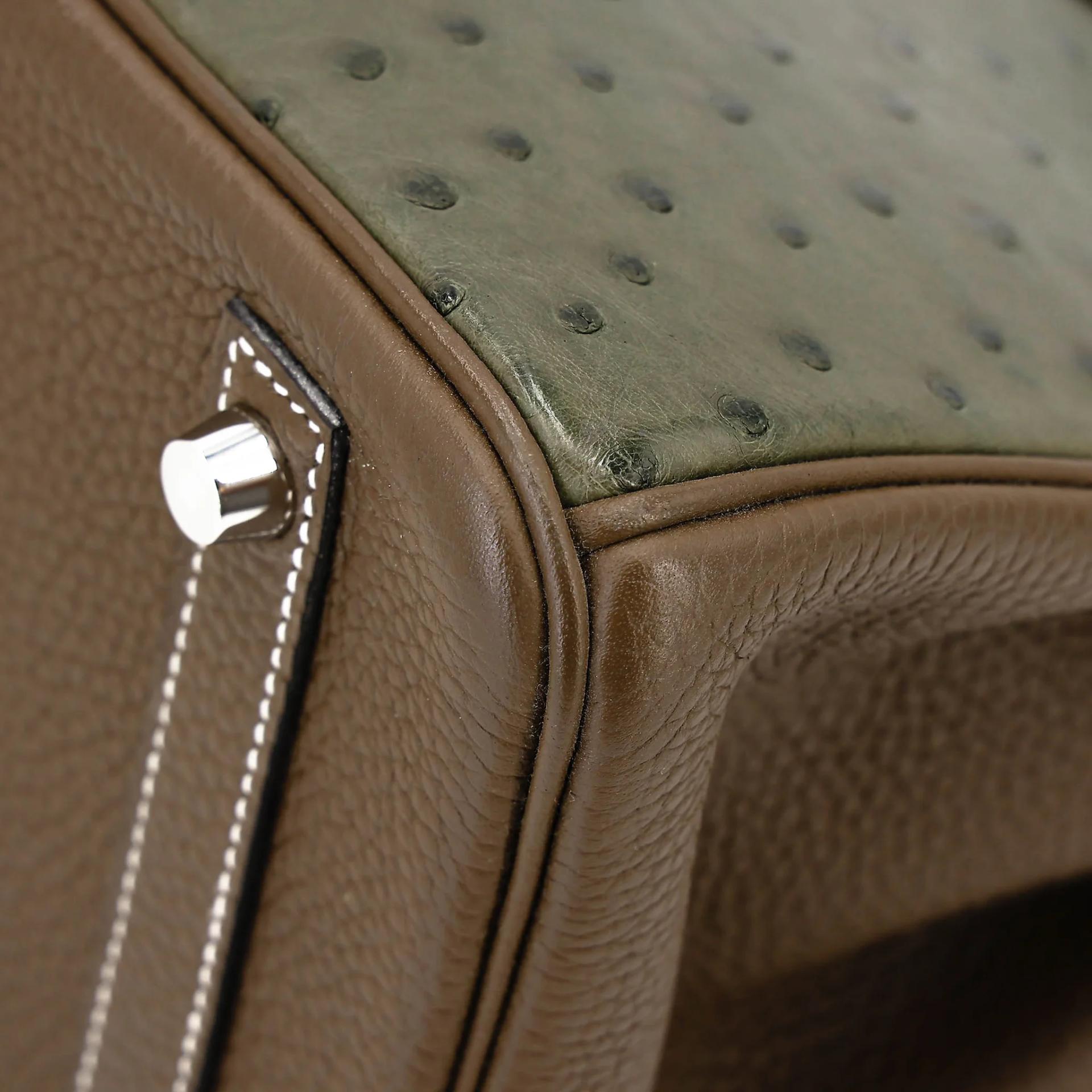 Very Good ( Rank A) HERMÈS Birkin 30 Vert Veronese (6H) Taupe (16) Bamboo (1K) Ostrich Clemence Swift Palladium hardware Square R (2014) - 10
