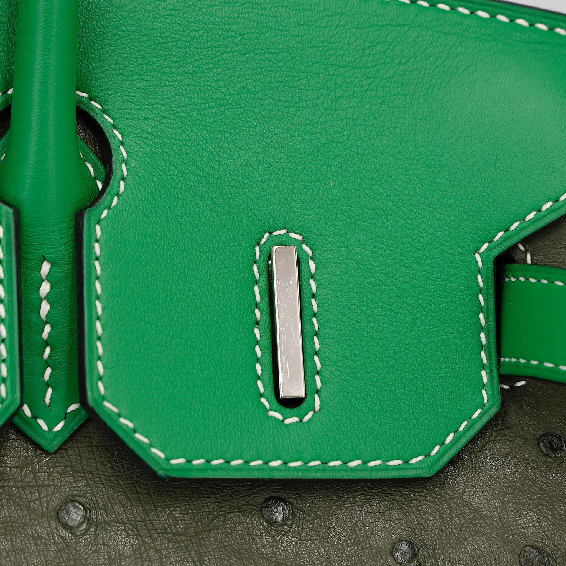 Very Good ( Rank A) HERMÈS Birkin 30 Vert Veronese (6H) Taupe (16) Bamboo (1K) Ostrich Clemence Swift Palladium hardware Square R (2014) - 22