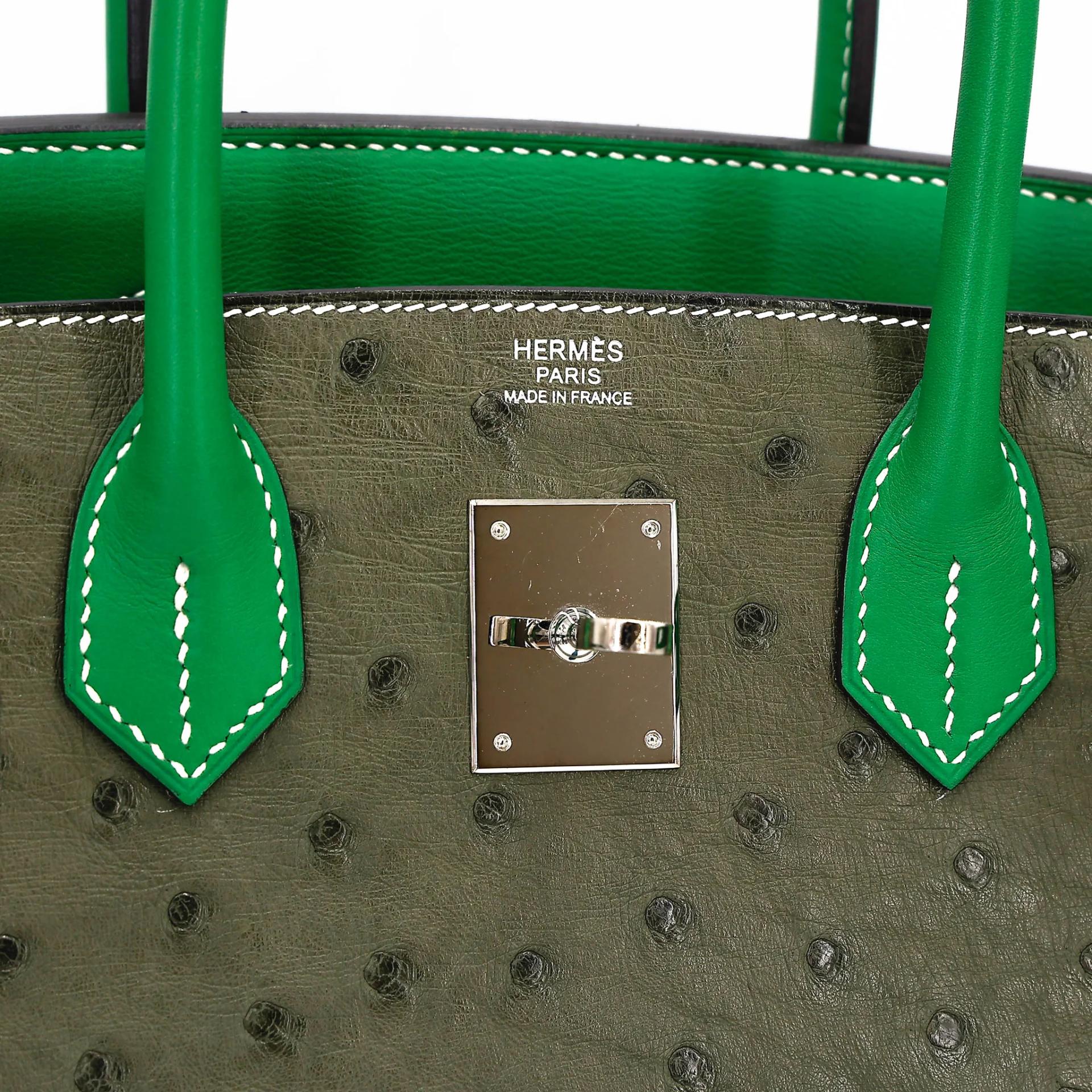 Very Good ( Rank A) HERMÈS Birkin 30 Vert Veronese (6H) Taupe (16) Bamboo (1K) Ostrich Clemence Swift Palladium hardware Square R (2014) - 26