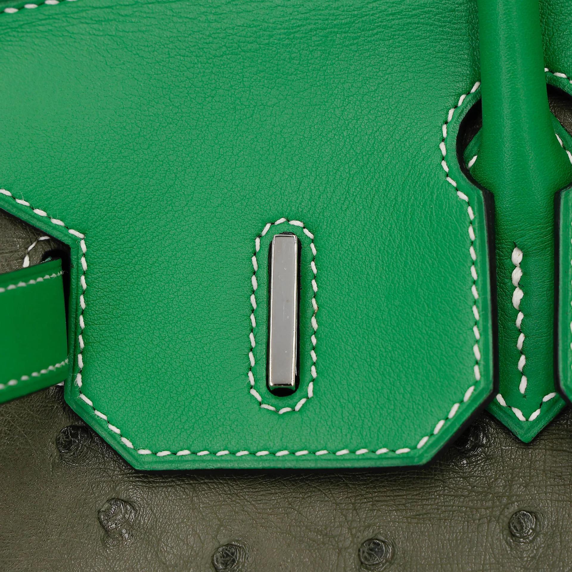 Very Good ( Rank A) HERMÈS Birkin 30 Vert Veronese (6H) Taupe (16) Bamboo (1K) Ostrich Clemence Swift Palladium hardware Square R (2014) - 23
