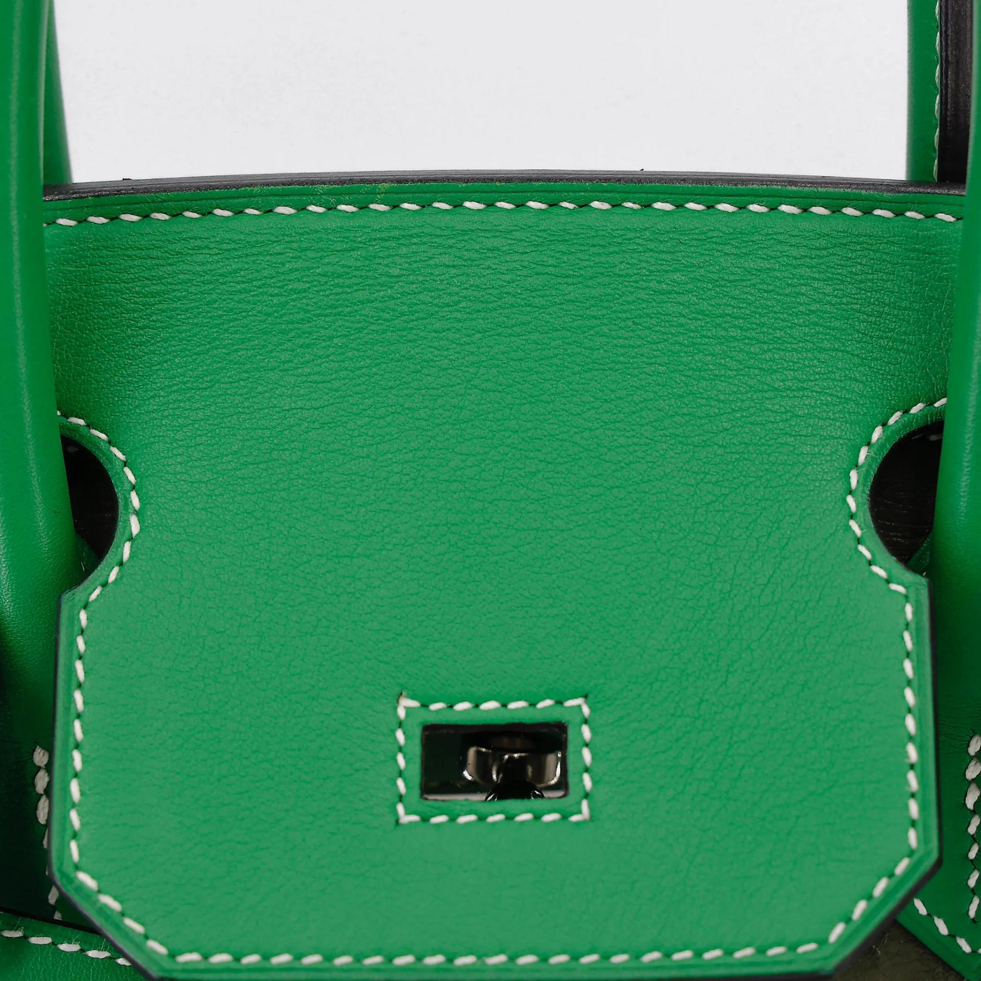 Very Good ( Rank A) HERMÈS Birkin 30 Vert Veronese (6H) Taupe (16) Bamboo (1K) Ostrich Clemence Swift Palladium hardware Square R (2014) - 25