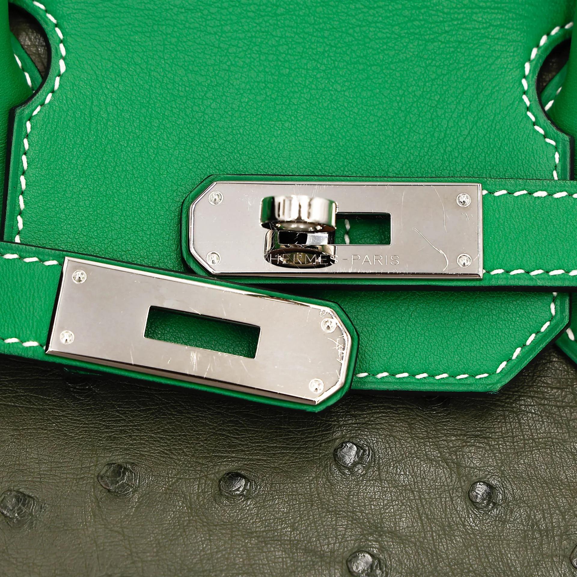 Very Good ( Rank A) HERMÈS Birkin 30 Vert Veronese (6H) Taupe (16) Bamboo (1K) Ostrich Clemence Swift Palladium hardware Square R (2014) - 20