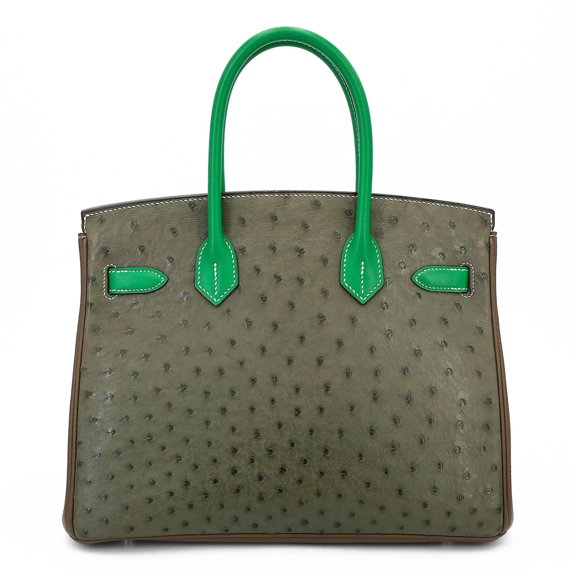 Very Good ( Rank A) HERMÈS Birkin 30 Vert Veronese (6H) Taupe (16) Bamboo (1K) Ostrich Clemence Swift Palladium hardware Square R (2014) - 2