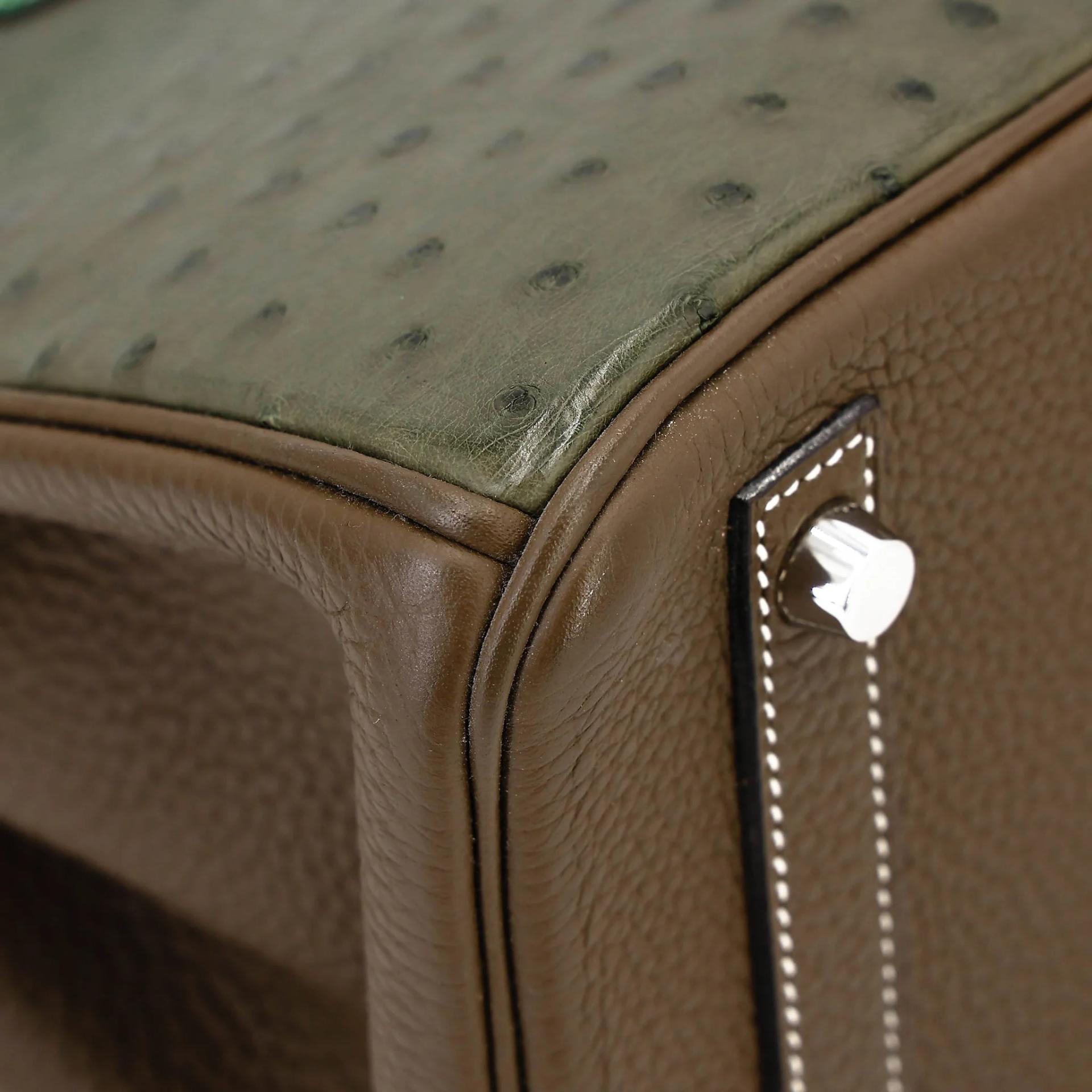 Very Good ( Rank A) HERMÈS Birkin 30 Vert Veronese (6H) Taupe (16) Bamboo (1K) Ostrich Clemence Swift Palladium hardware Square R (2014) - 11