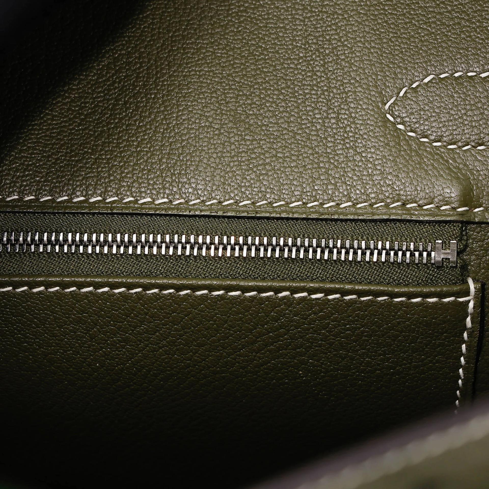 Very Good ( Rank A) HERMÈS Birkin 30 Vert Veronese (6H) Taupe (16) Bamboo (1K) Ostrich Clemence Swift Palladium hardware Square R (2014) - 27