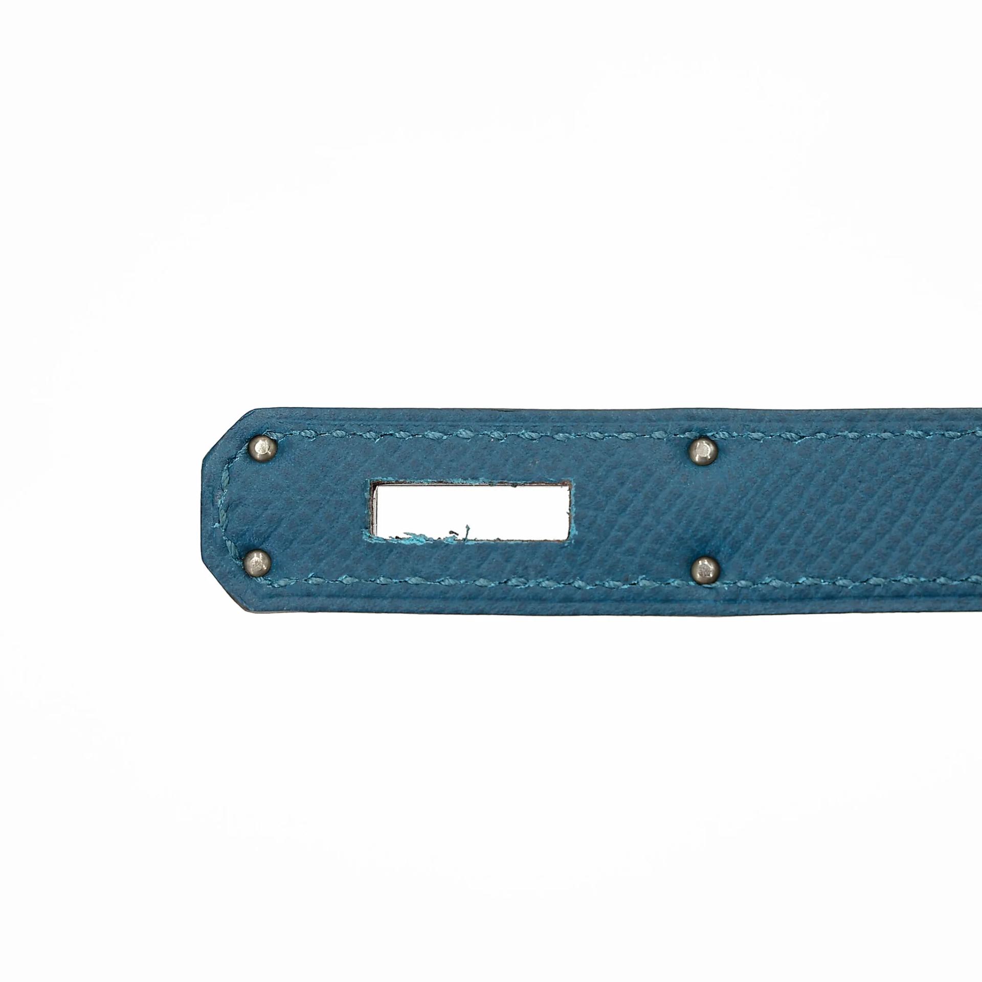 Very Good ( Rank A) HERMÈS Limited Edition Kelly 35 Flag White (01) Bleu Thalassa (7A) Epsom Palladium hardware Square R (2014) - 15