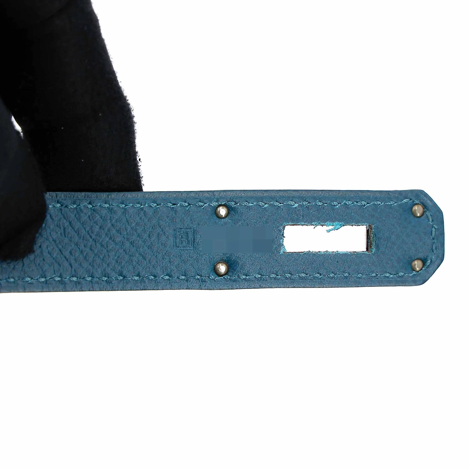 Very Good ( Rank A) HERMÈS Limited Edition Kelly 35 Flag White (01) Bleu Thalassa (7A) Epsom Palladium hardware Square R (2014) - 14