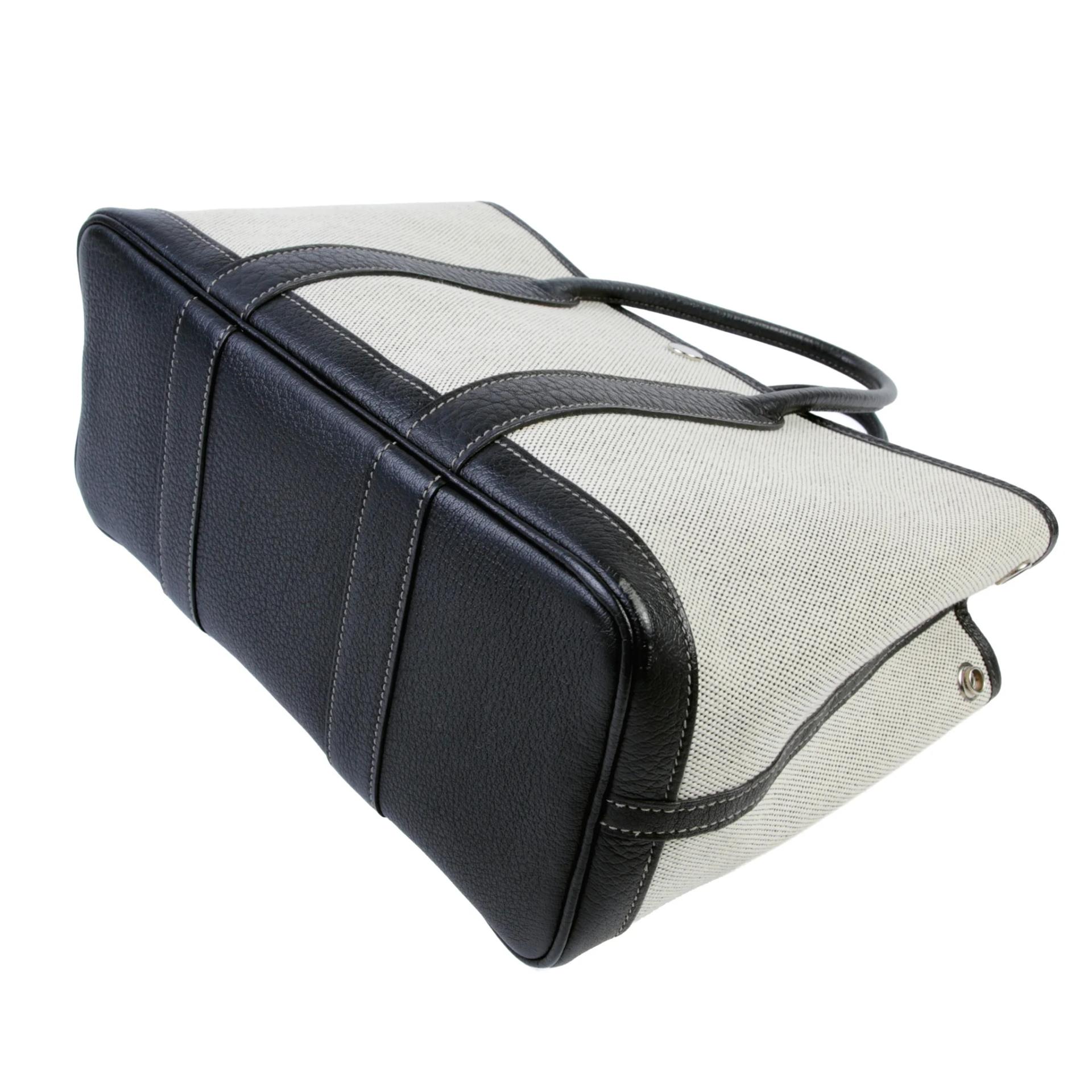 Good ( Rank AB) HERMÈS Garden Party TPM Noir (89) Ecru Negonda Canvas Palladium hardware Square R (2014) - 7
