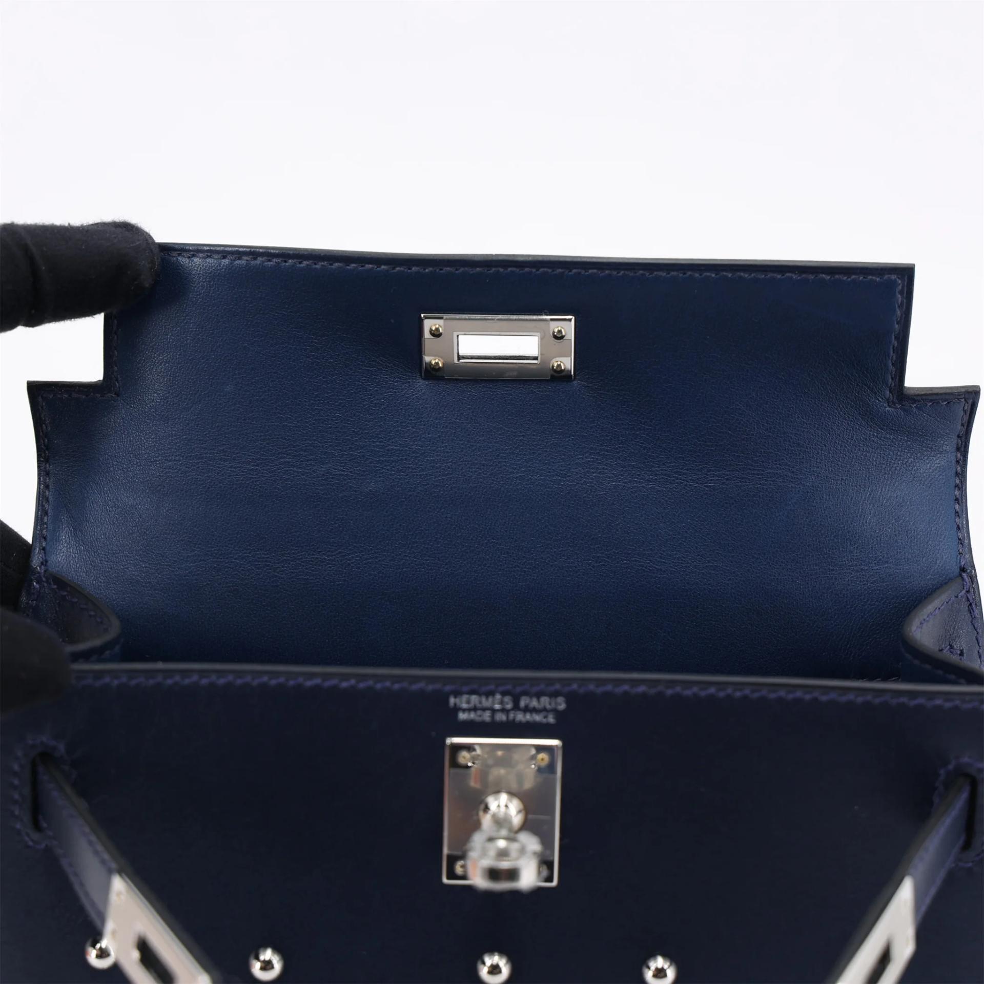 Brand New ( Rank N ) HERMÈS Limited Edition Mini Kelly II Cloute Studded Bleu Abysse (7K) Box-calf Palladium hardware K (2025) - 11