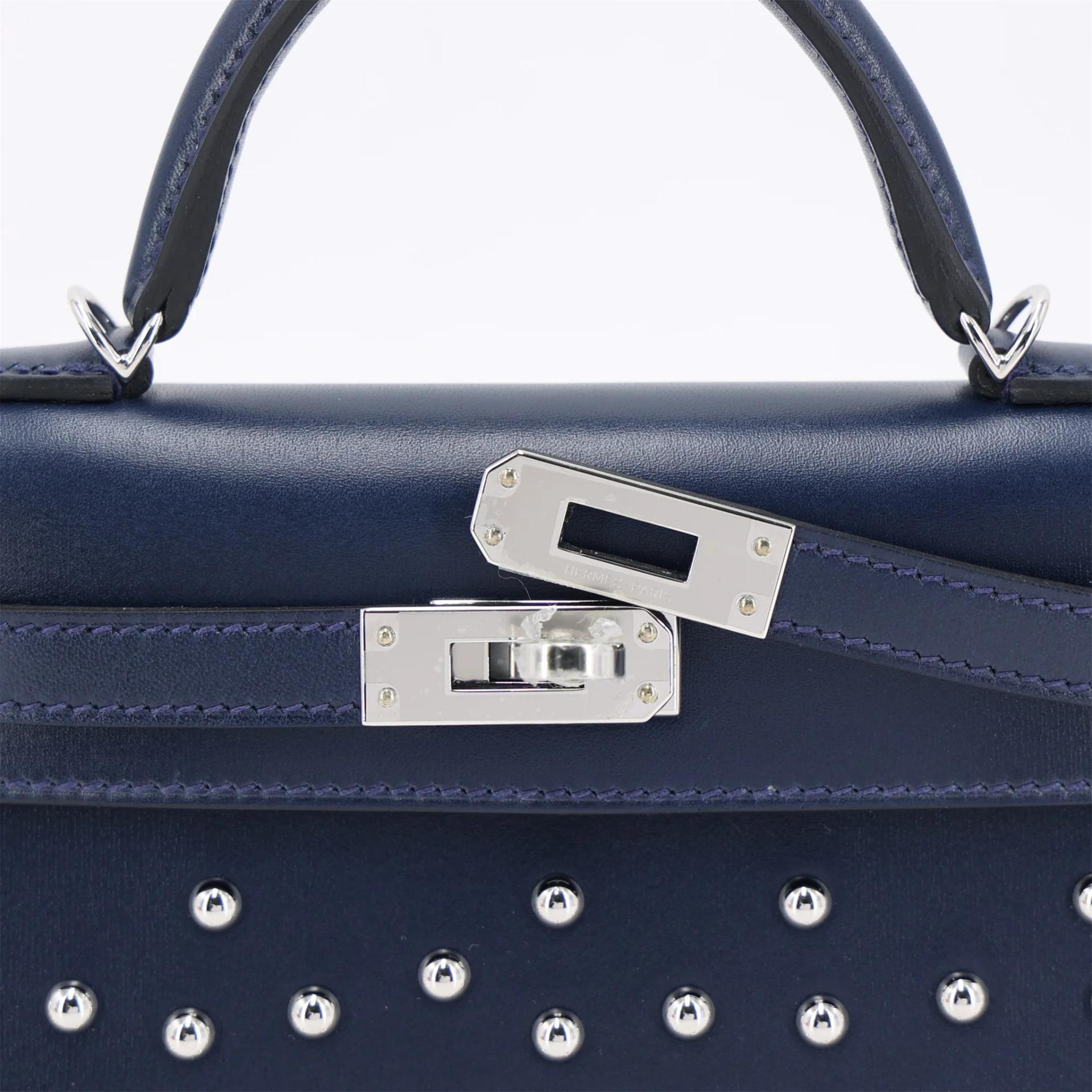 Brand New ( Rank N ) HERMÈS Limited Edition Mini Kelly II Cloute Studded Bleu Abysse (7K) Box-calf Palladium hardware K (2025) - 8