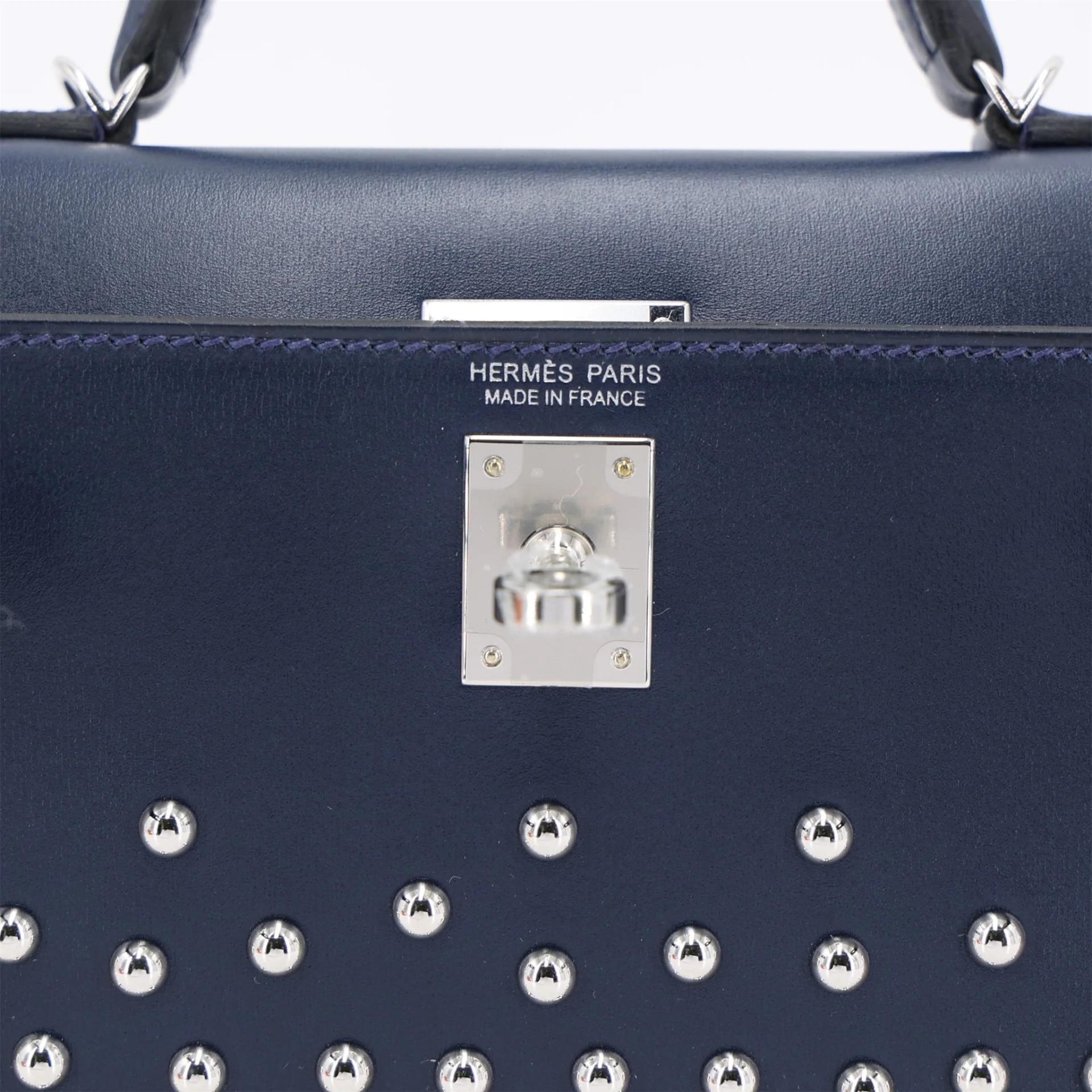 Brand New ( Rank N ) HERMÈS Limited Edition Mini Kelly II Cloute Studded Bleu Abysse (7K) Box-calf Palladium hardware K (2025) - 10