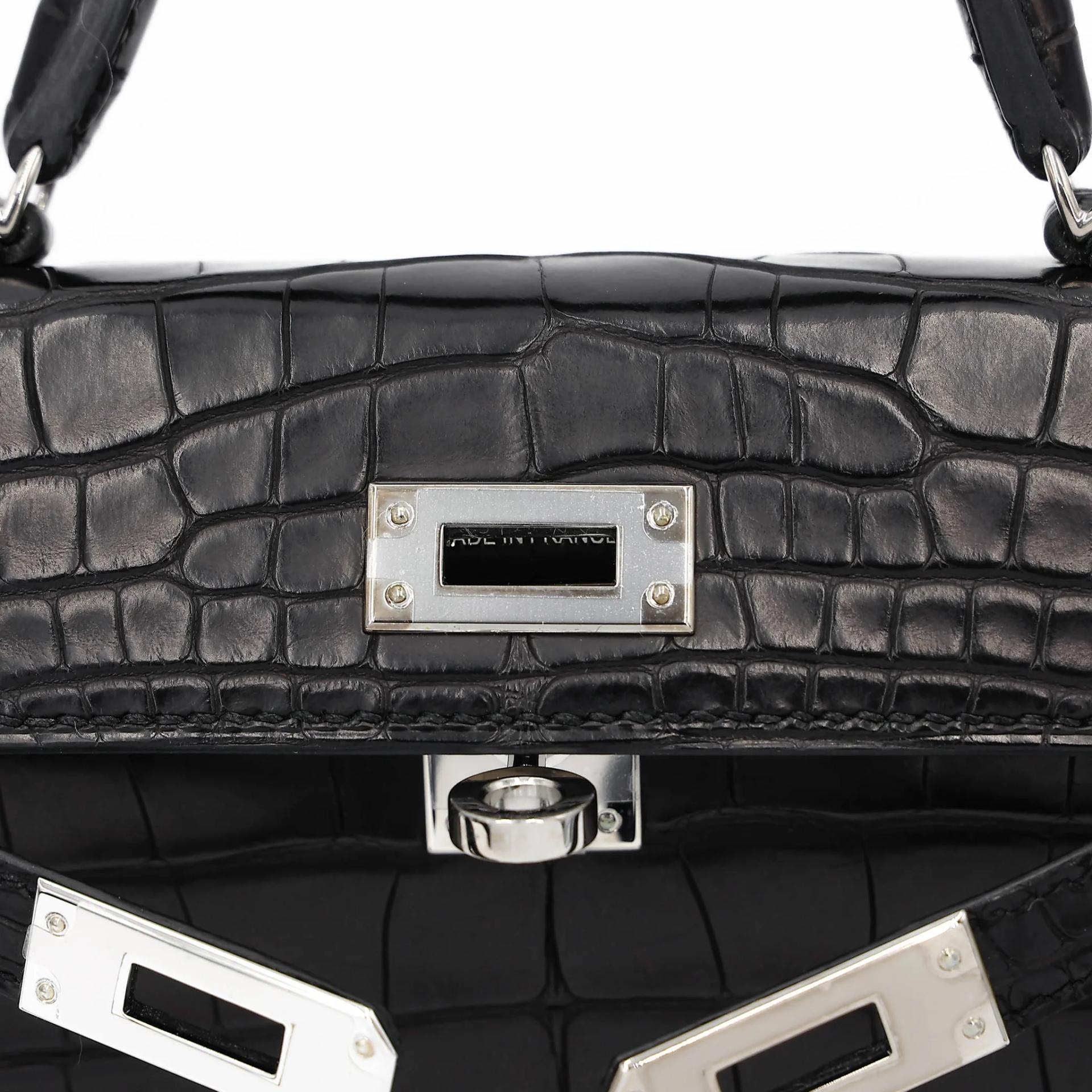 Very Good ( Rank A) HERMÈS Mini Kelly II Noir (89) Matte Alligator Palladium hardware C (2018) - 15