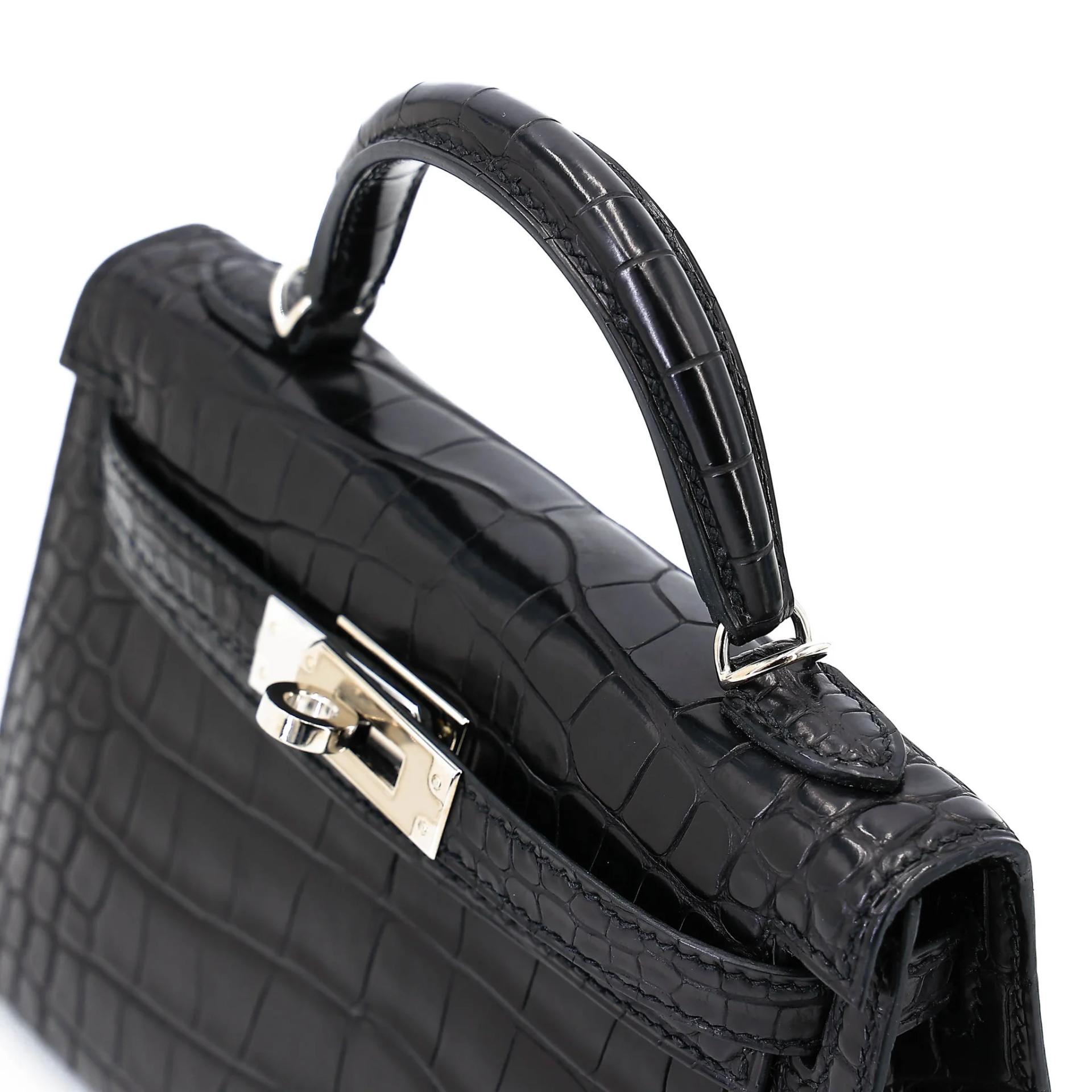 Very Good ( Rank A) HERMÈS Mini Kelly II Noir (89) Matte Alligator Palladium hardware C (2018) - 3
