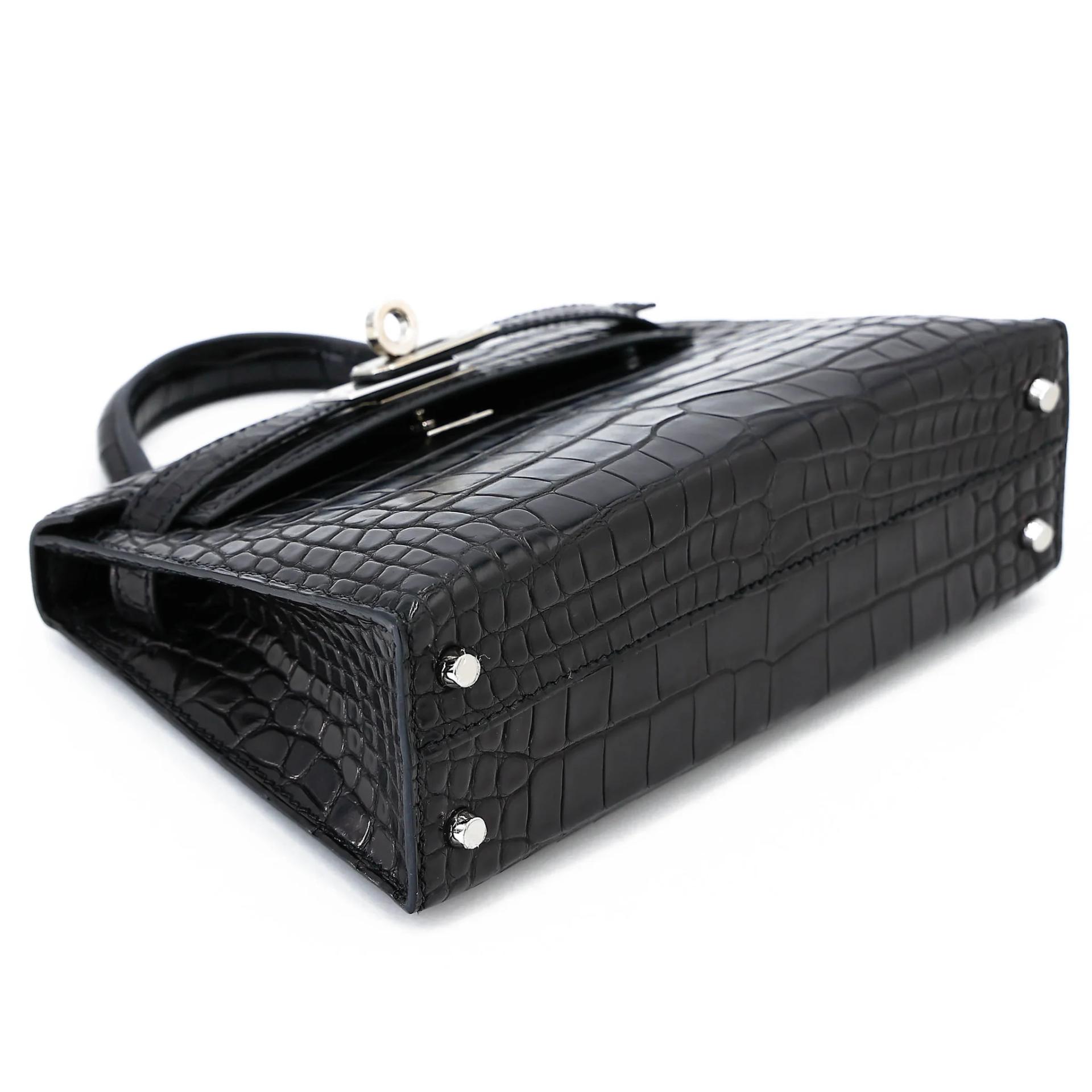 Very Good ( Rank A) HERMÈS Mini Kelly II Noir (89) Matte Alligator Palladium hardware C (2018) - 5