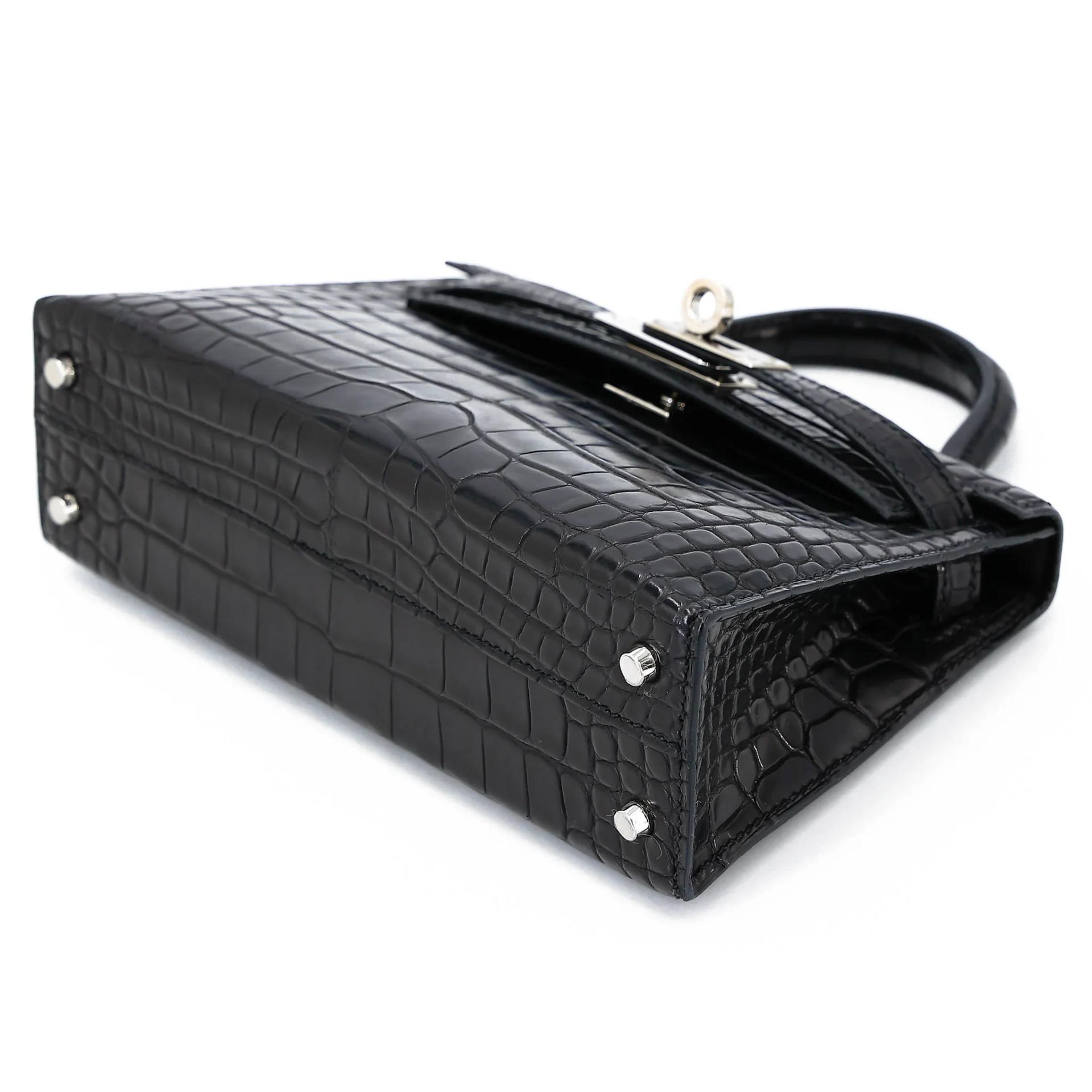 Very Good ( Rank A) HERMÈS Mini Kelly II Noir (89) Matte Alligator Palladium hardware C (2018) - 4