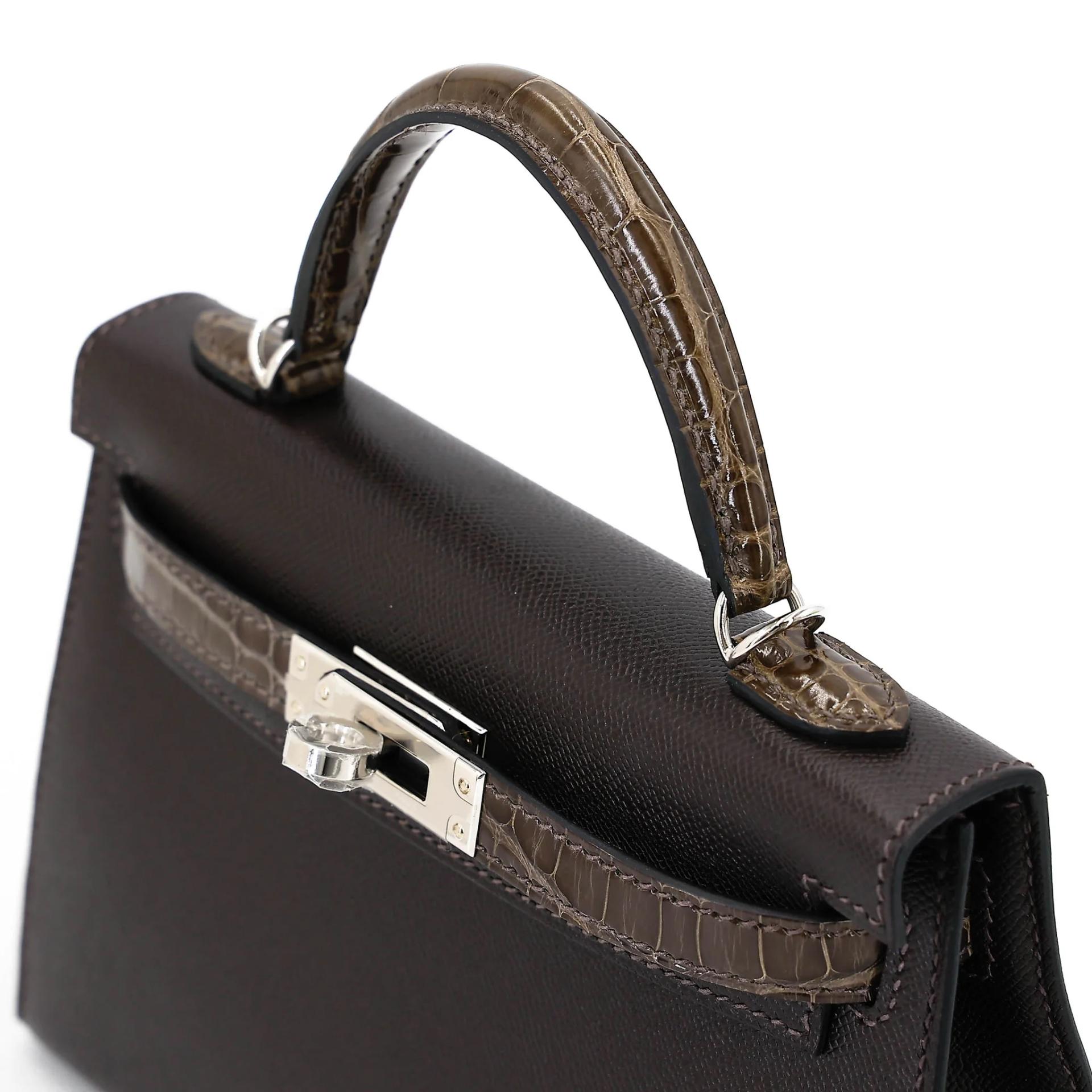 Brand New ( Rank N ) HERMÈS Mini Kelly II Touch Bai Brun(T3) Gris Elephant (8C) Madame Shiny Alligator Palladium hardware G (2026) - 3