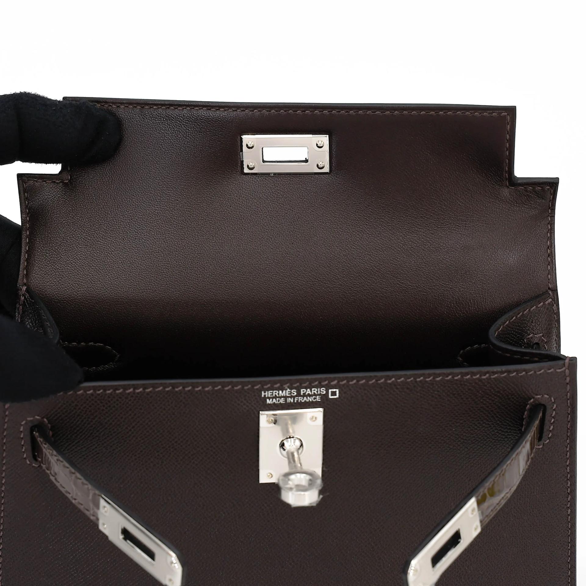 Brand New ( Rank N ) HERMÈS Mini Kelly II Touch Bai Brun(T3) Gris Elephant (8C) Madame Shiny Alligator Palladium hardware G (2026) - 12