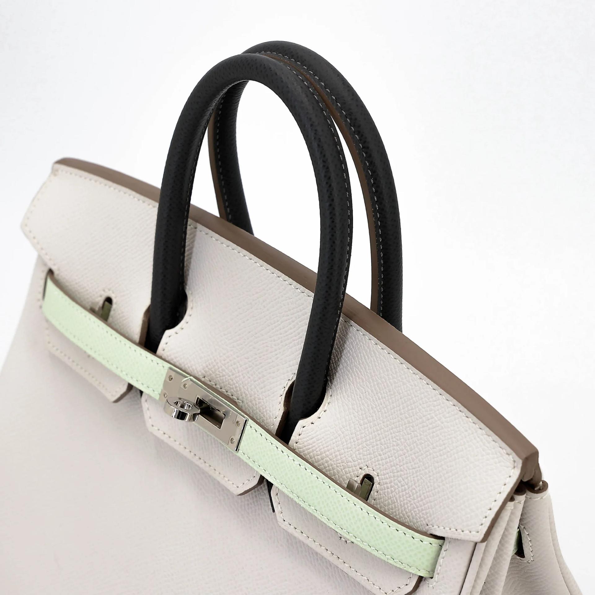 Unused ( Rank NS ) HERMÈS Birkin 25 Gris Pale (M4) Vert Fizz (0S) Graphite (88) Epsom Palladium hardware B (2023) - 3