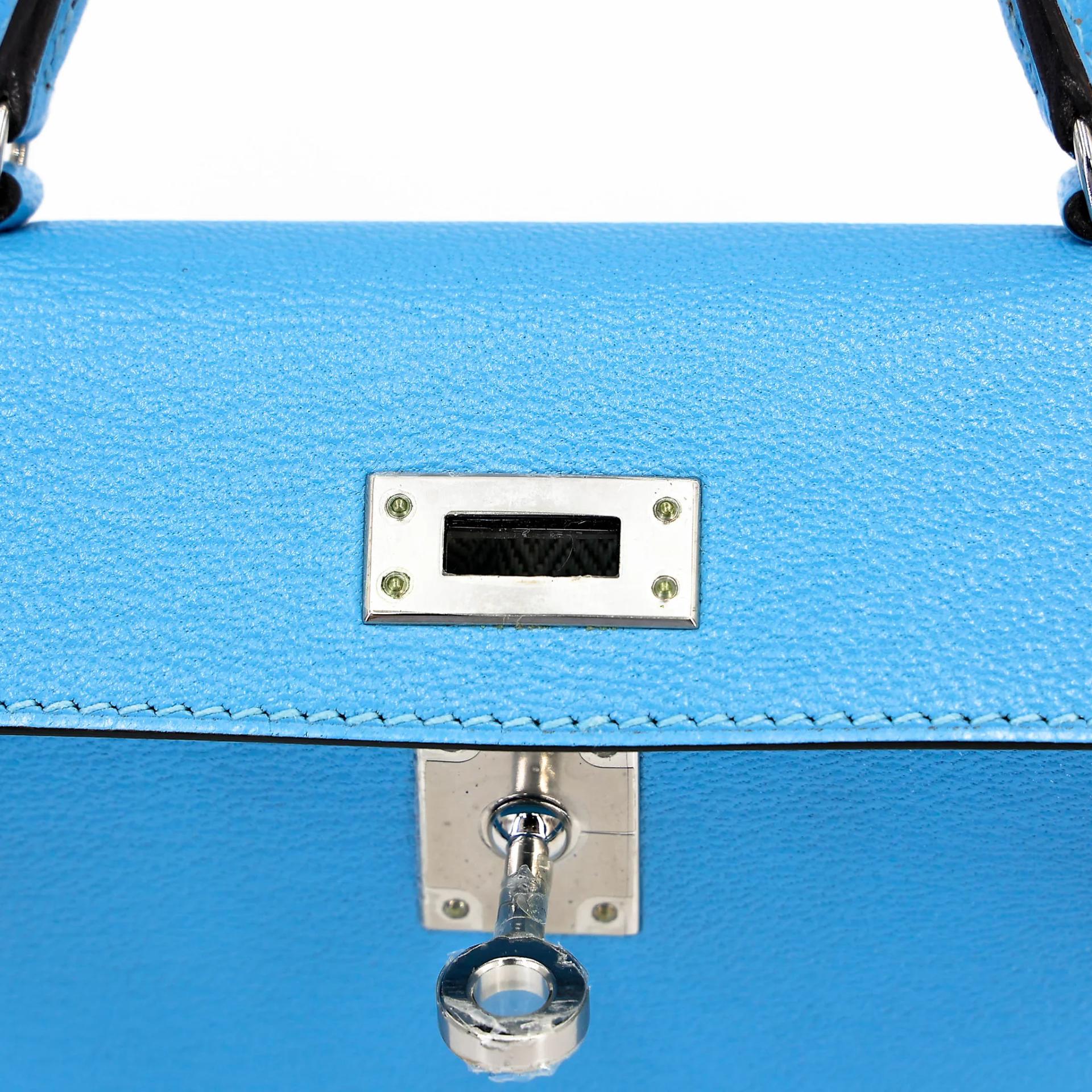 Excellent ( Rank SA ) HERMÈS Mini Kelly II Celeste (7N) Chevre Palladium hardware C (2018) - 15