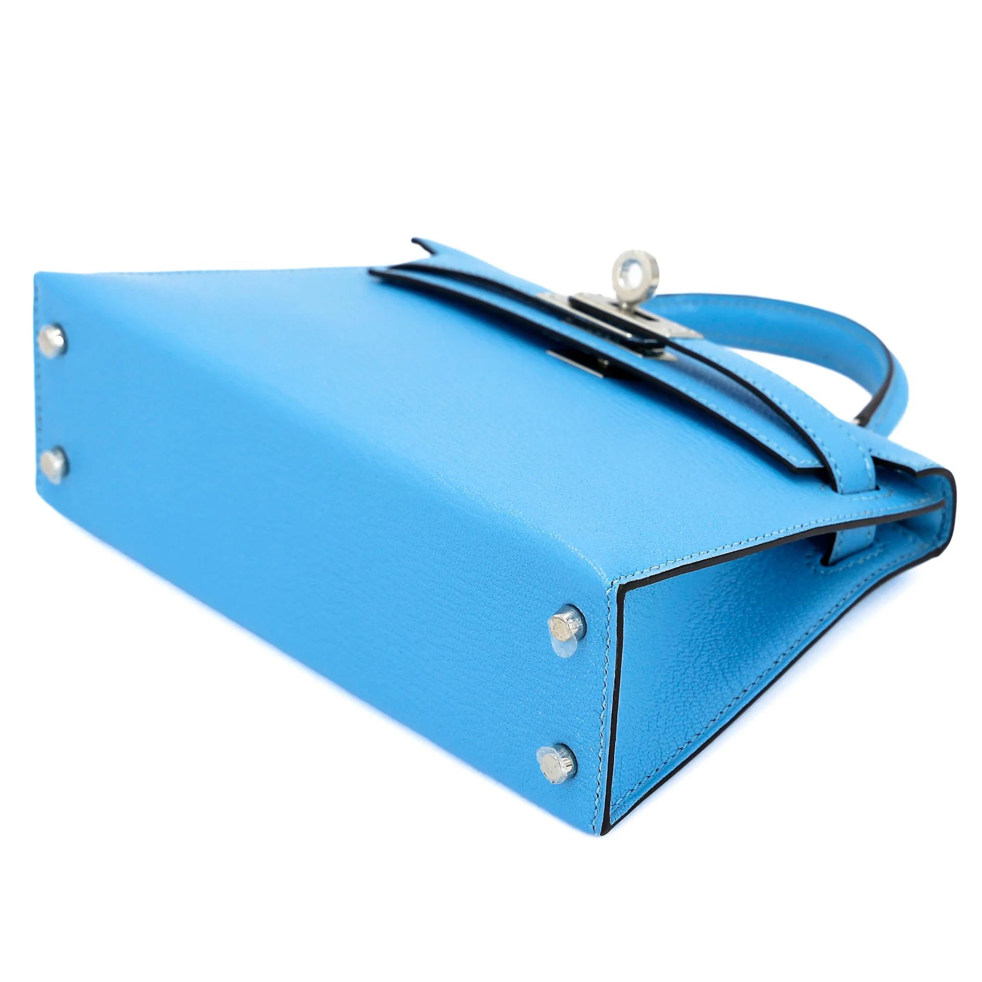 Excellent ( Rank SA ) HERMÈS Mini Kelly II Celeste (7N) Chevre Palladium hardware C (2018) - 4