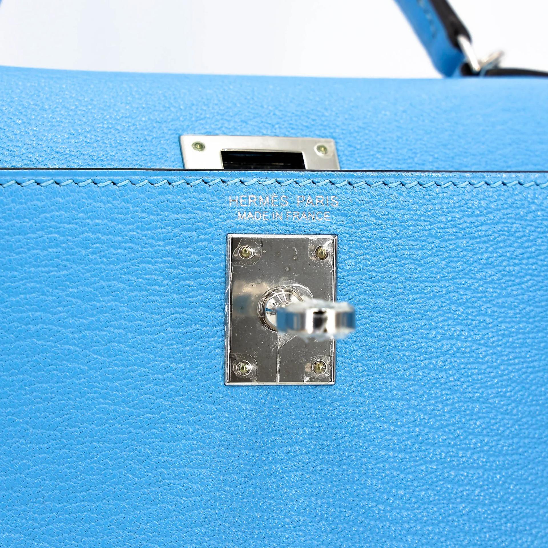 Excellent ( Rank SA ) HERMÈS Mini Kelly II Celeste (7N) Chevre Palladium hardware C (2018) - 19