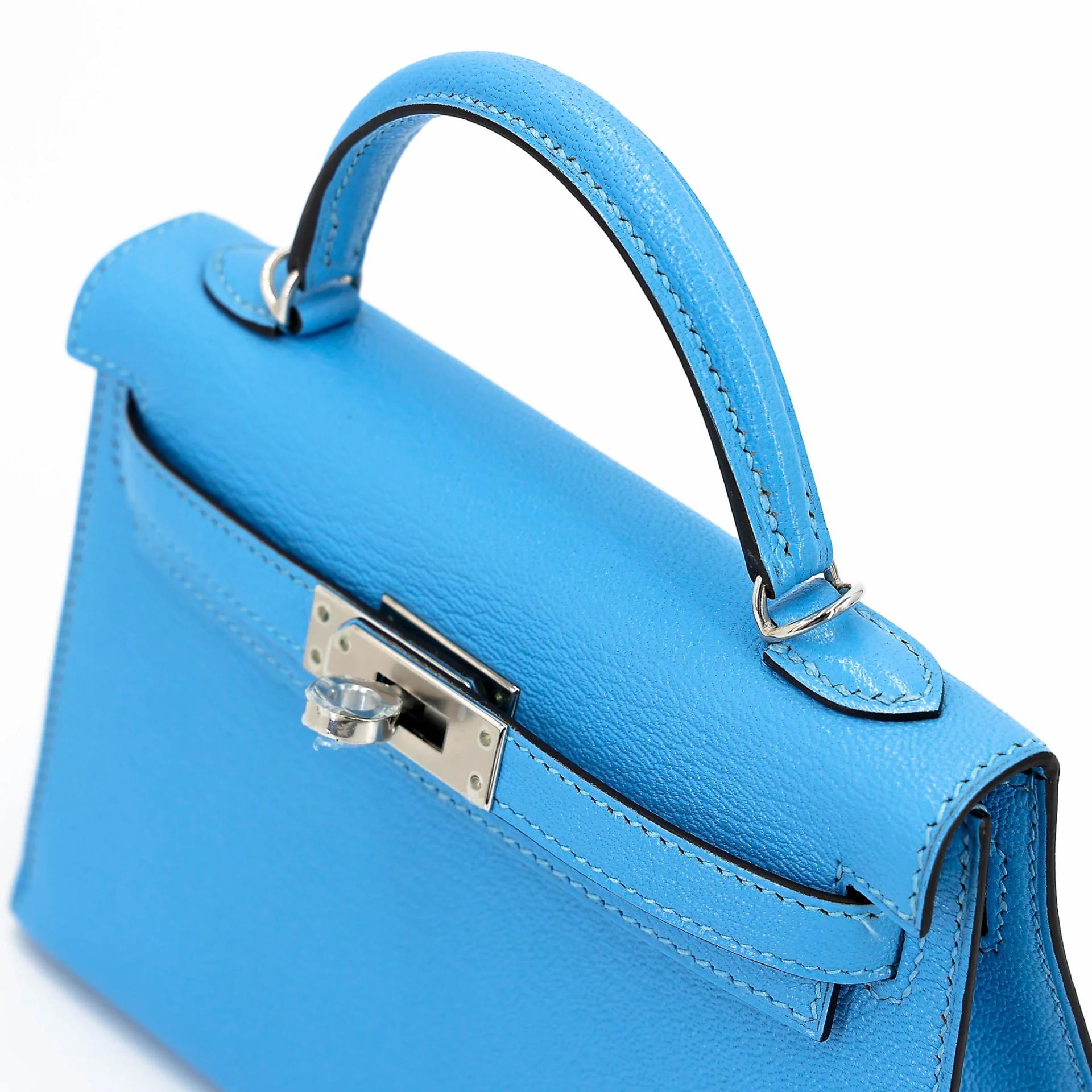 Excellent ( Rank SA ) HERMÈS Mini Kelly II Celeste (7N) Chevre Palladium hardware C (2018) - 3