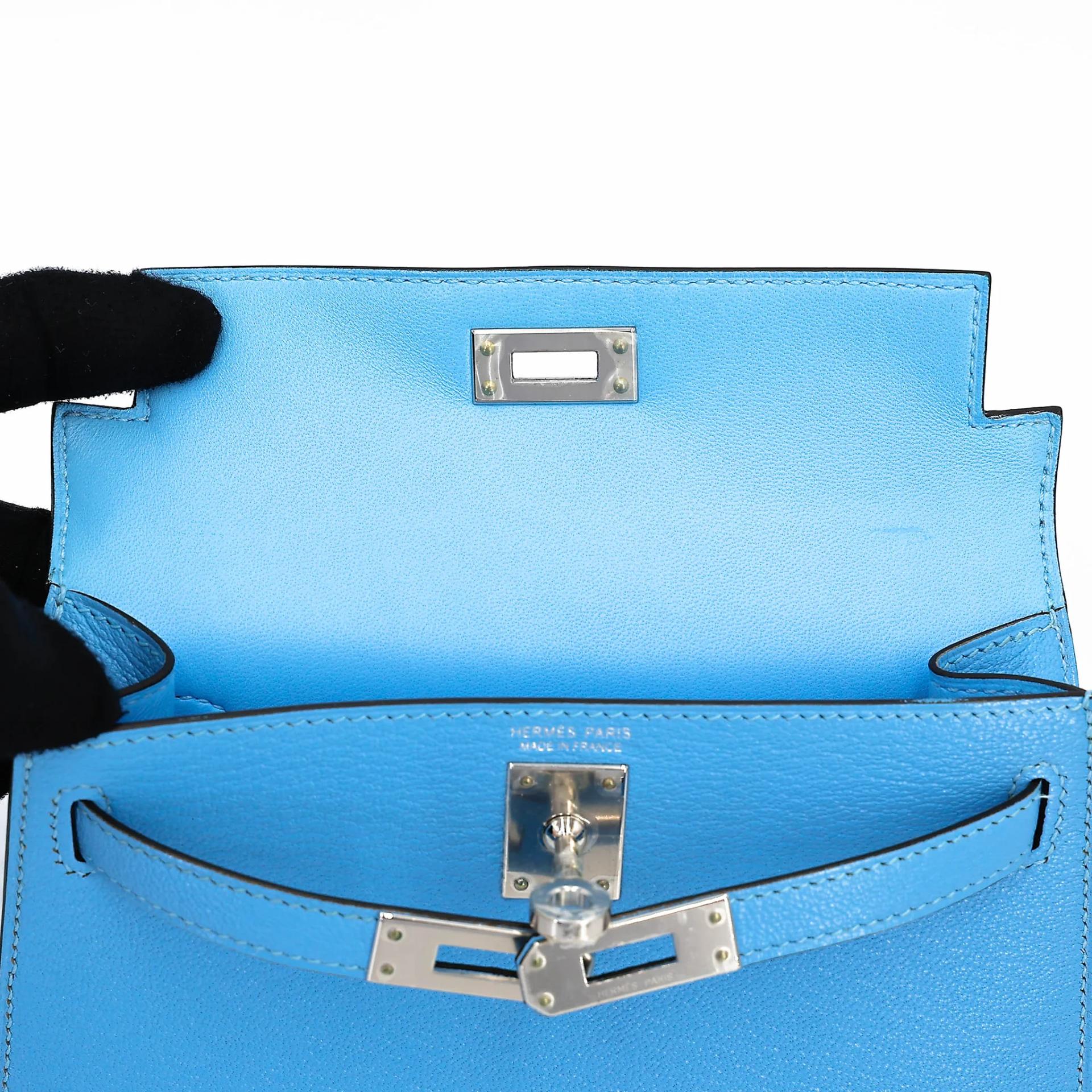 Excellent ( Rank SA ) HERMÈS Mini Kelly II Celeste (7N) Chevre Palladium hardware C (2018) - 18
