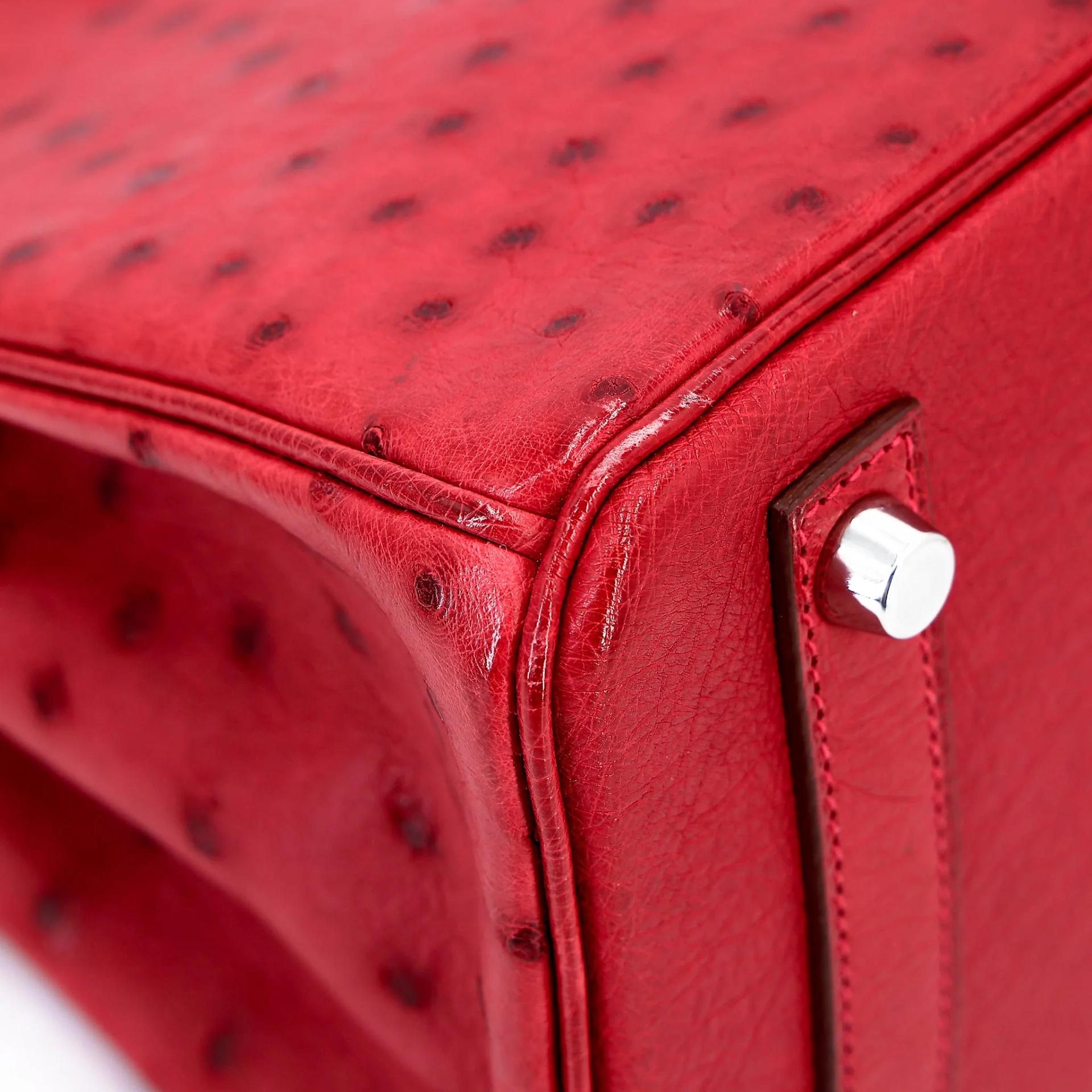 Very Good ( Rank A) HERMÈS Birkin 25 Bougainvillea (A5) Ostrich Palladium hardware Square M (2009) - 11