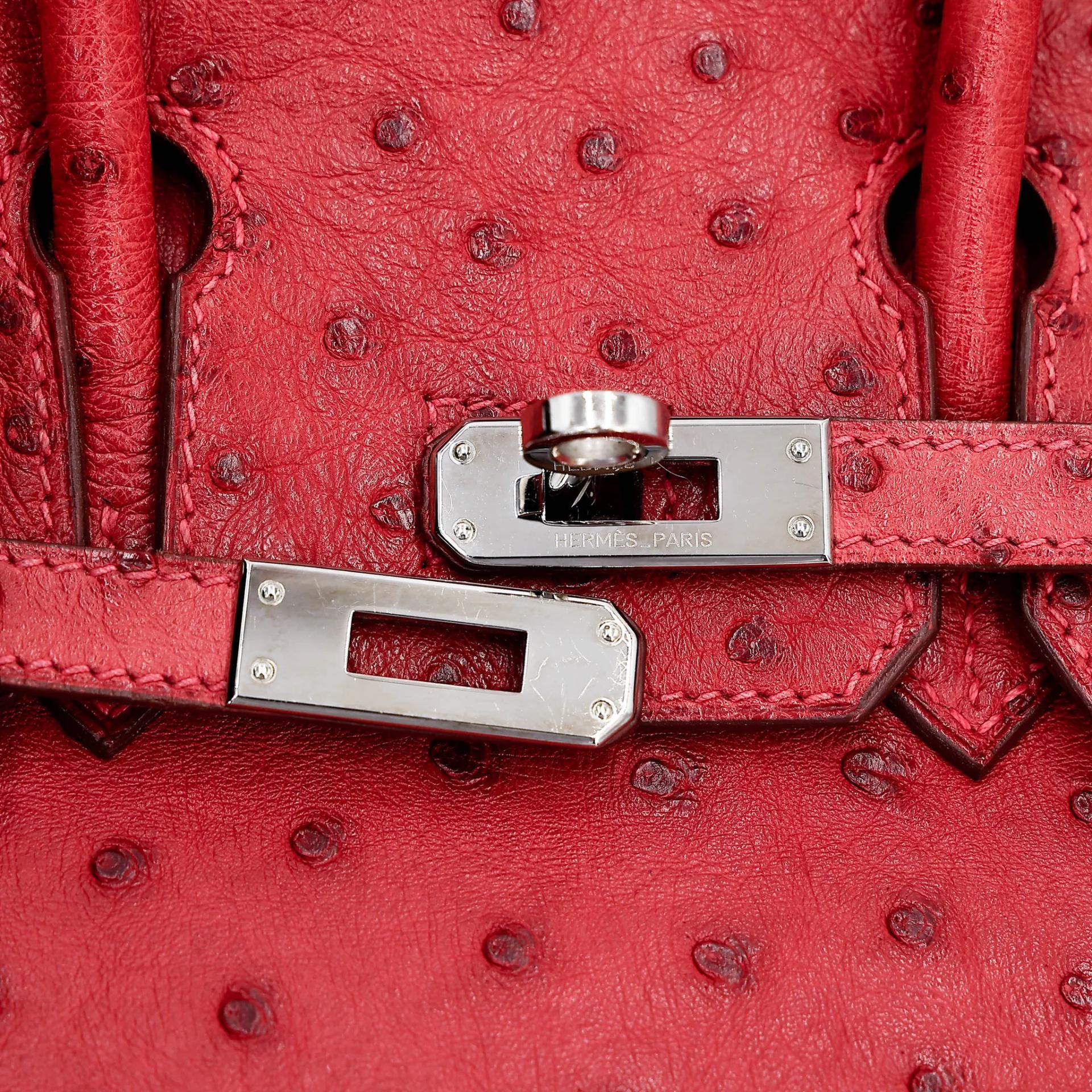 Very Good ( Rank A) HERMÈS Birkin 25 Bougainvillea (A5) Ostrich Palladium hardware Square M (2009) - 12
