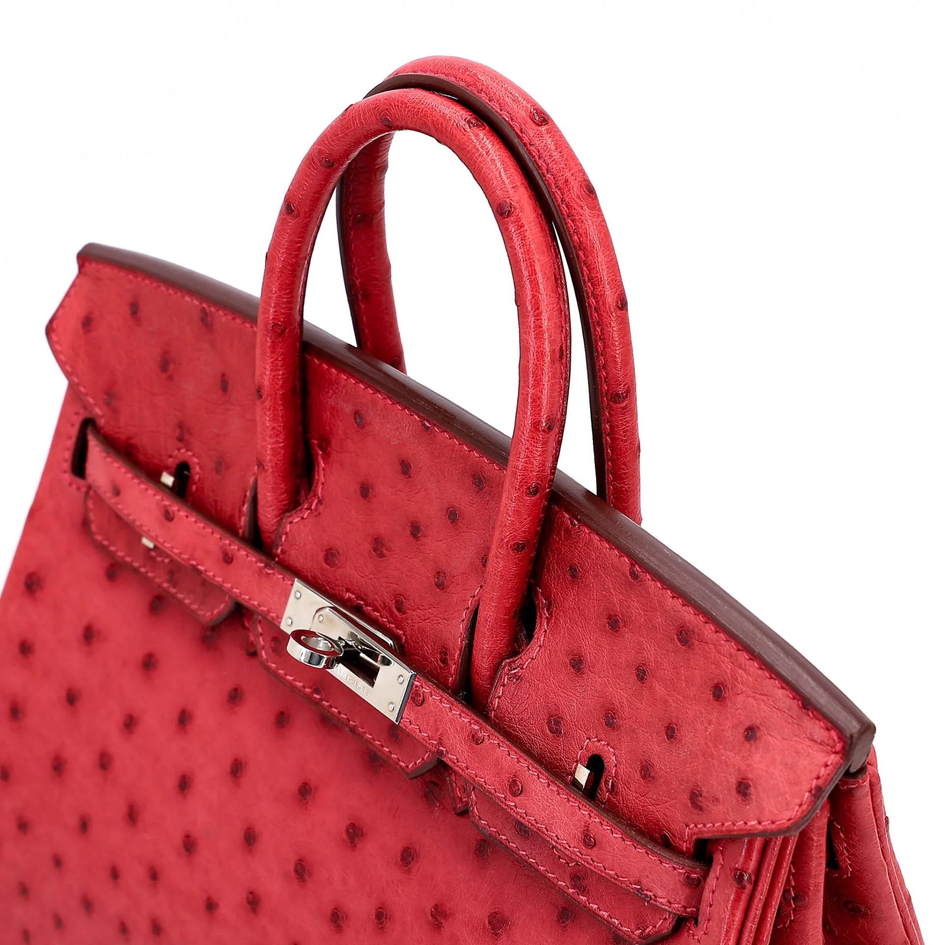 Very Good ( Rank A) HERMÈS Birkin 25 Bougainvillea (A5) Ostrich Palladium hardware Square M (2009) - 3
