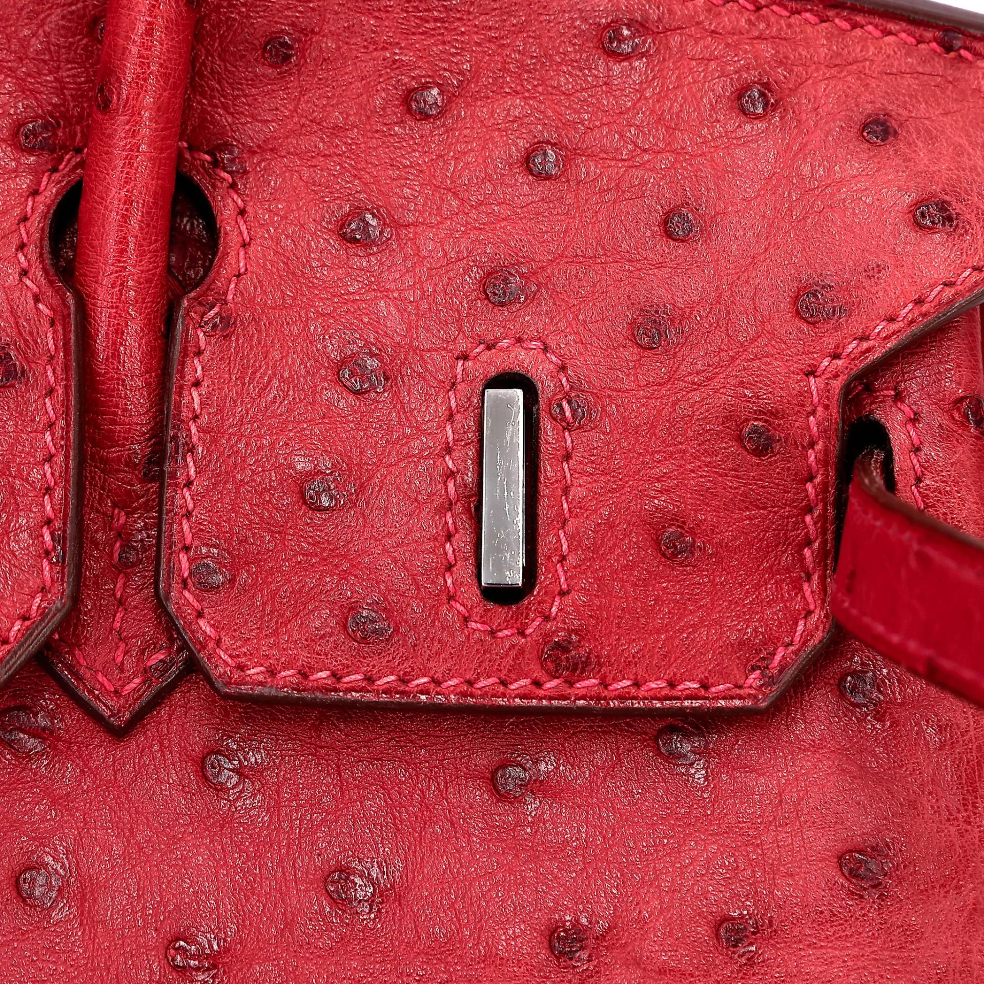 Very Good ( Rank A) HERMÈS Birkin 25 Bougainvillea (A5) Ostrich Palladium hardware Square M (2009) - 14