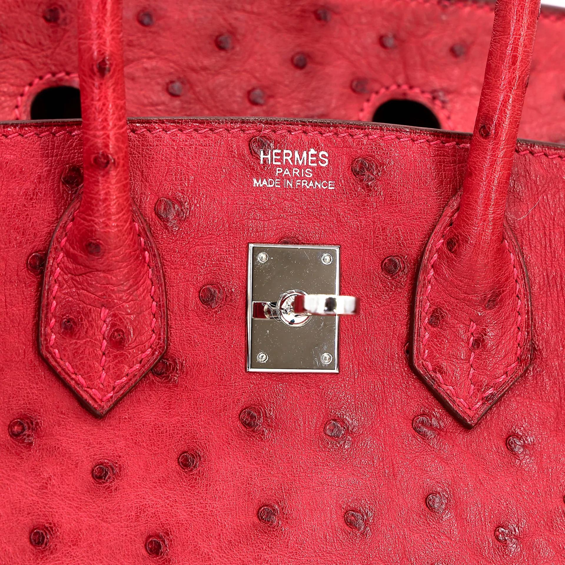Very Good ( Rank A) HERMÈS Birkin 25 Bougainvillea (A5) Ostrich Palladium hardware Square M (2009) - 18