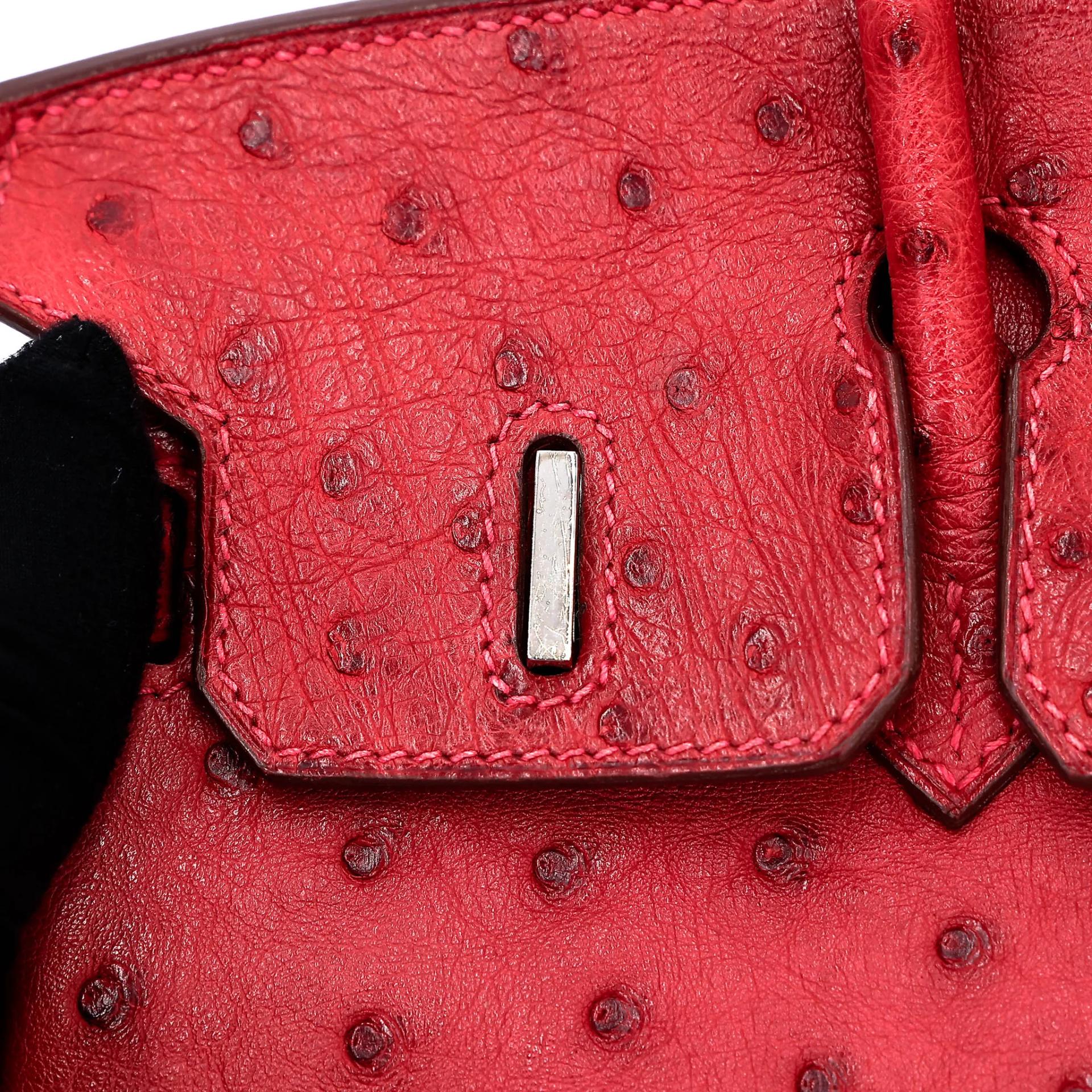 Very Good ( Rank A) HERMÈS Birkin 25 Bougainvillea (A5) Ostrich Palladium hardware Square M (2009) - 15
