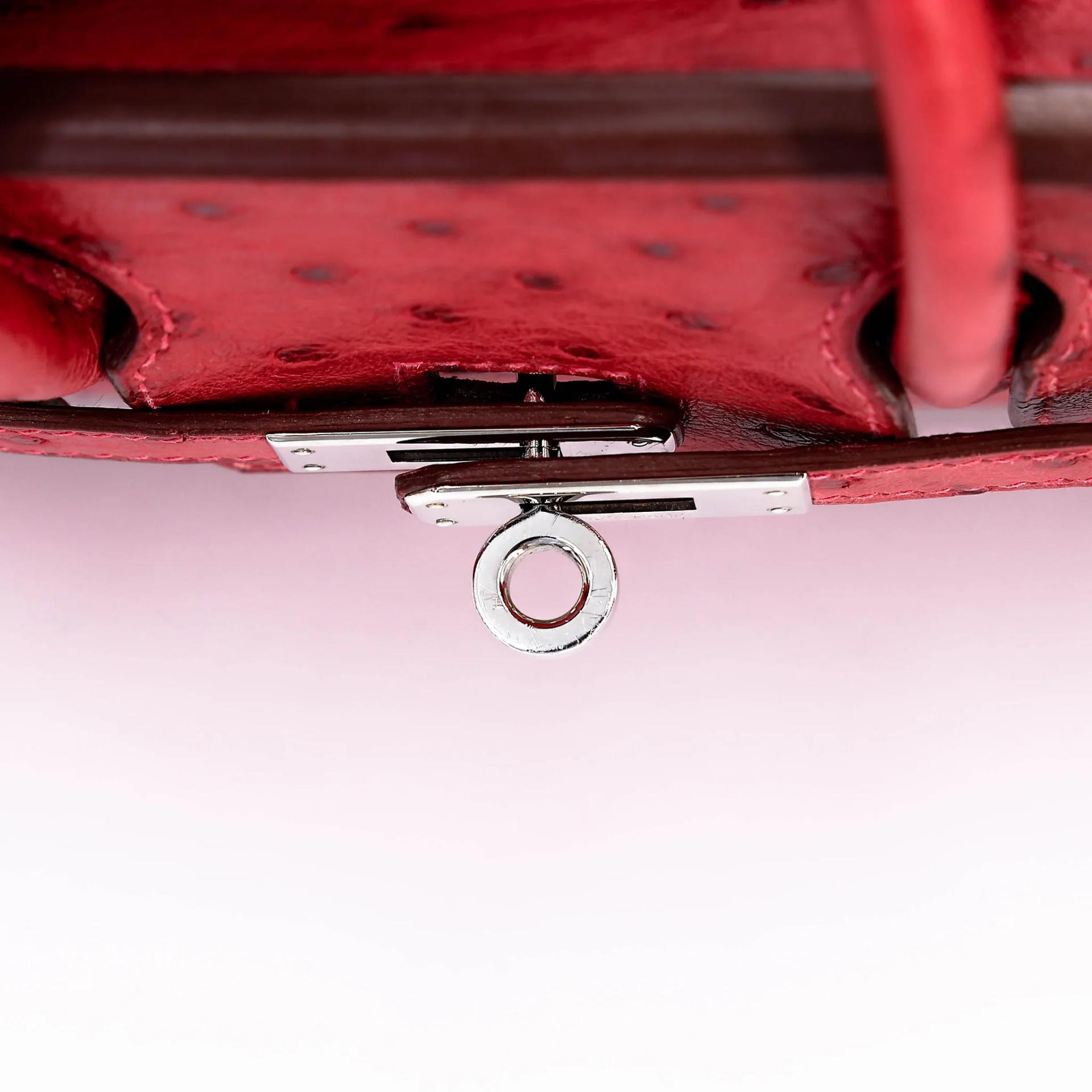 Very Good ( Rank A) HERMÈS Birkin 25 Bougainvillea (A5) Ostrich Palladium hardware Square M (2009) - 16