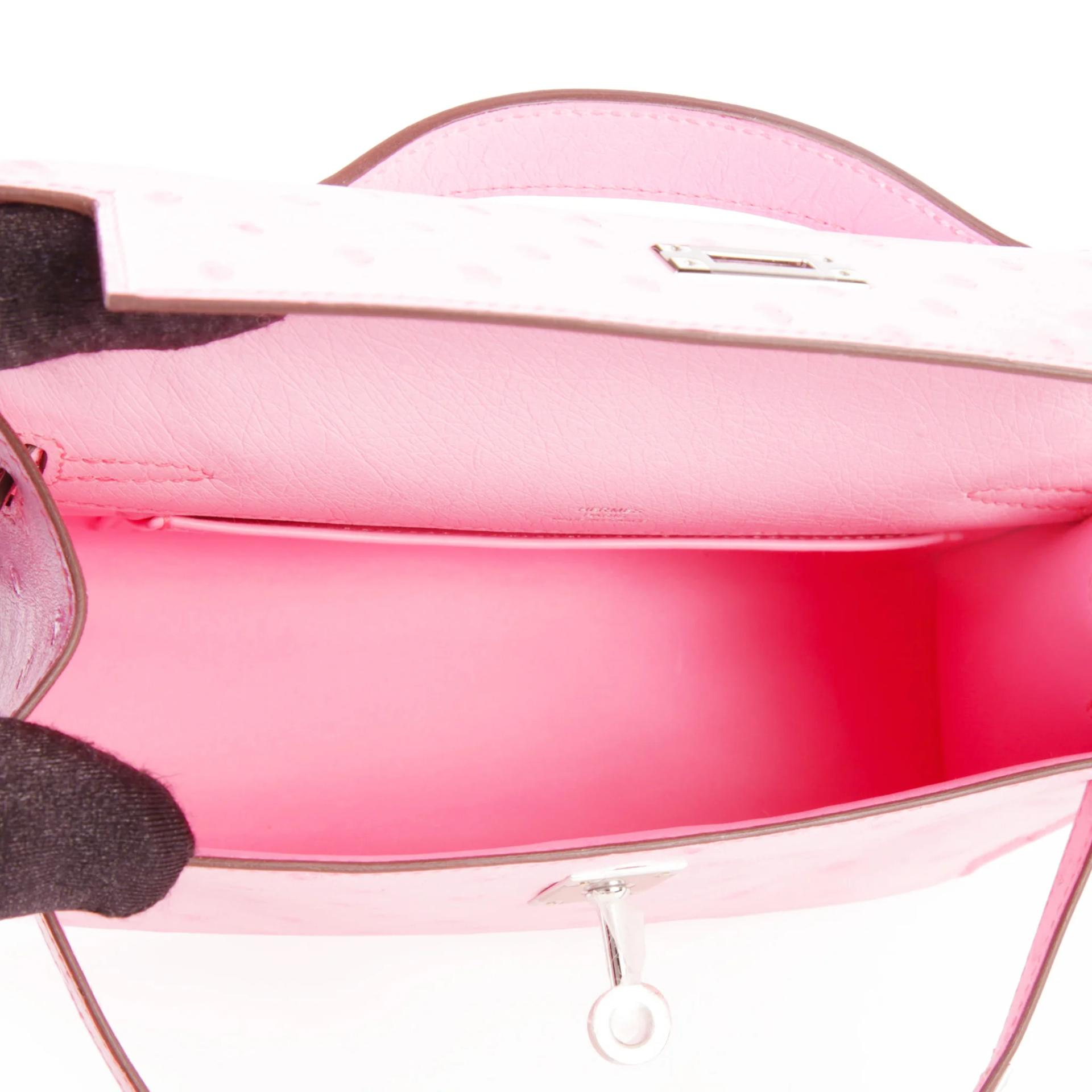 Brand New ( Rank N ) HERMÈS Kelly Pochette Rose Bubblegum (L4) Ostrich Palladium hardware G (2026) - 11