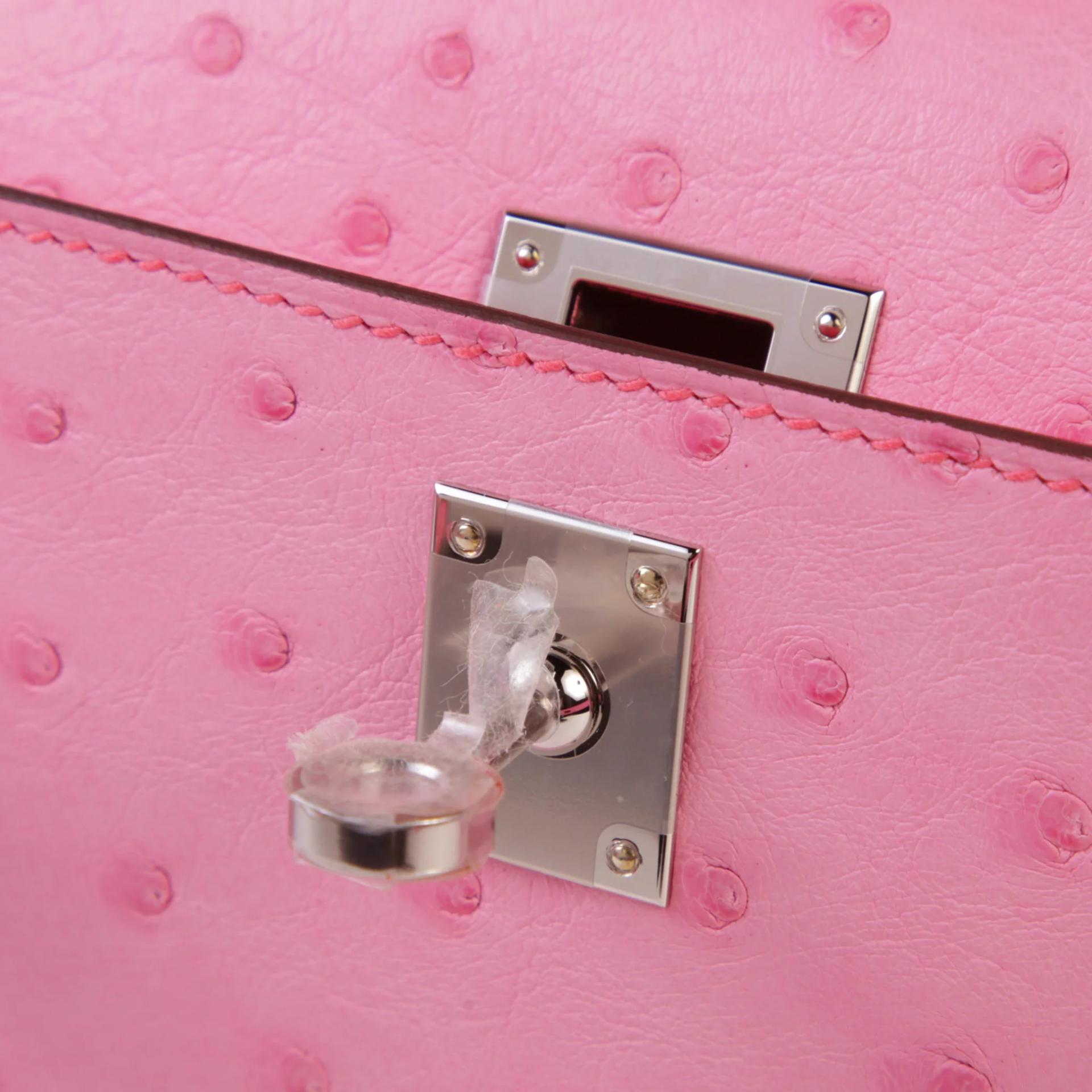 Brand New ( Rank N ) HERMÈS Kelly Pochette Rose Bubblegum (L4) Ostrich Palladium hardware G (2026) - 9