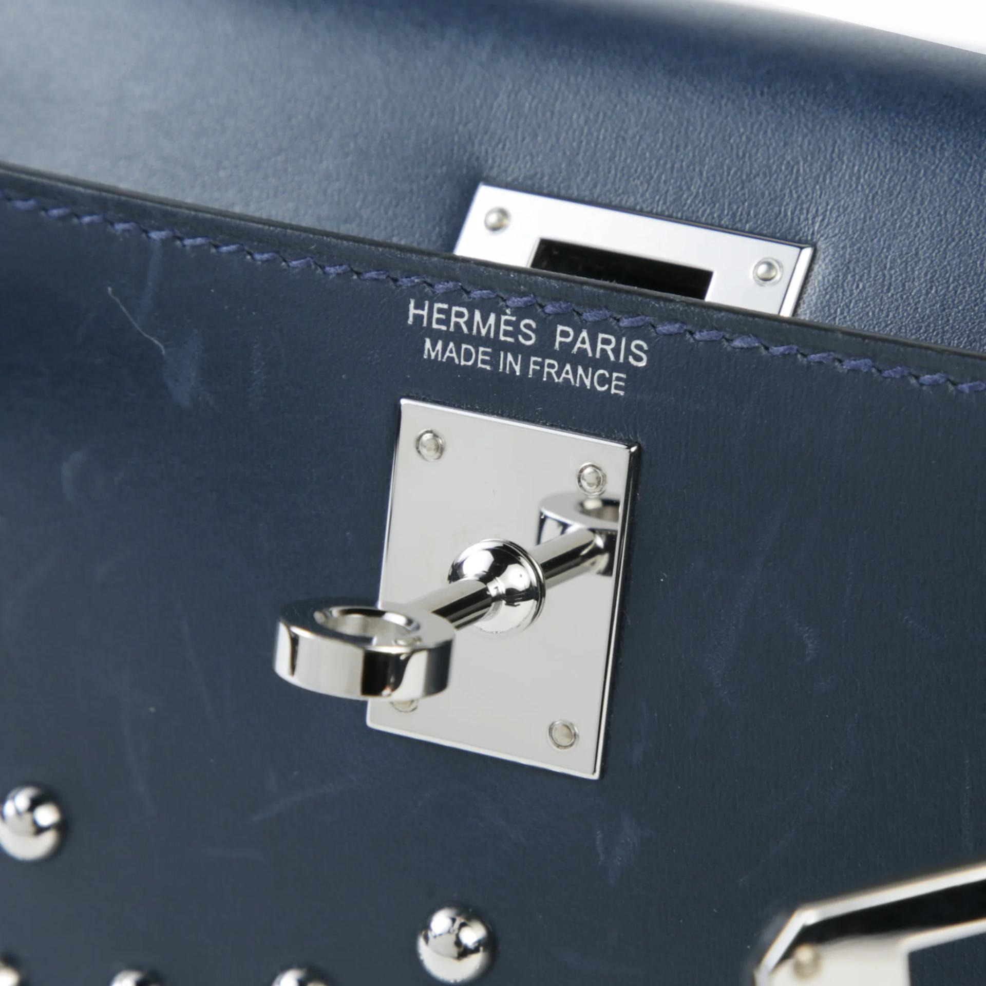Very Good ( Rank A) HERMÈS Limited Edition Mini Kelly II Cloute Studded Bleu Abysse (7K) Box-calf Palladium hardware K (2025) - 9