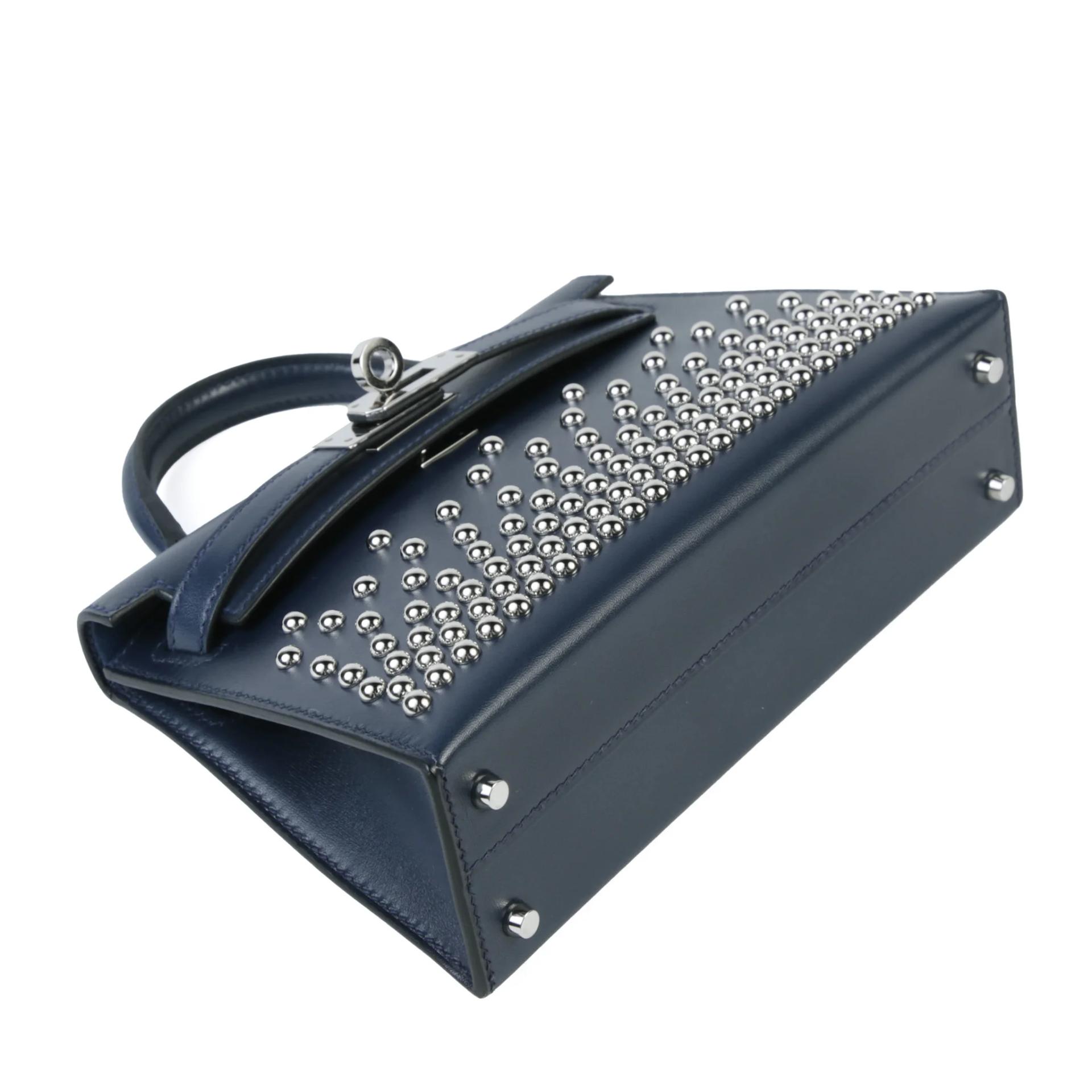 Very Good ( Rank A) HERMÈS Limited Edition Mini Kelly II Cloute Studded Bleu Abysse (7K) Box-calf Palladium hardware K (2025) - 4