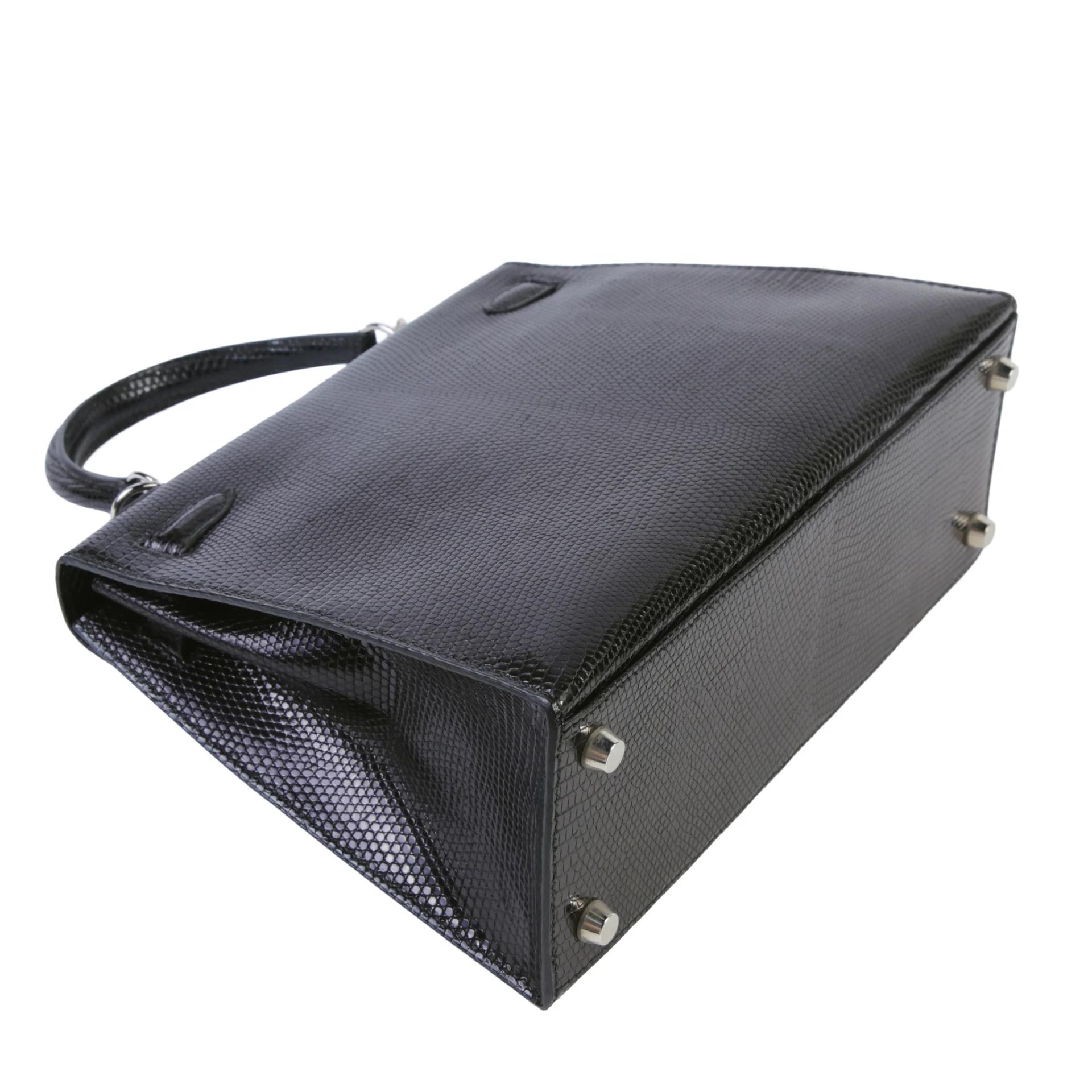 Very Good ( Rank A) HERMÈS Kelly 25 Sellier Noir (89) Lizard Palladium hardware Square F (2002) - 6