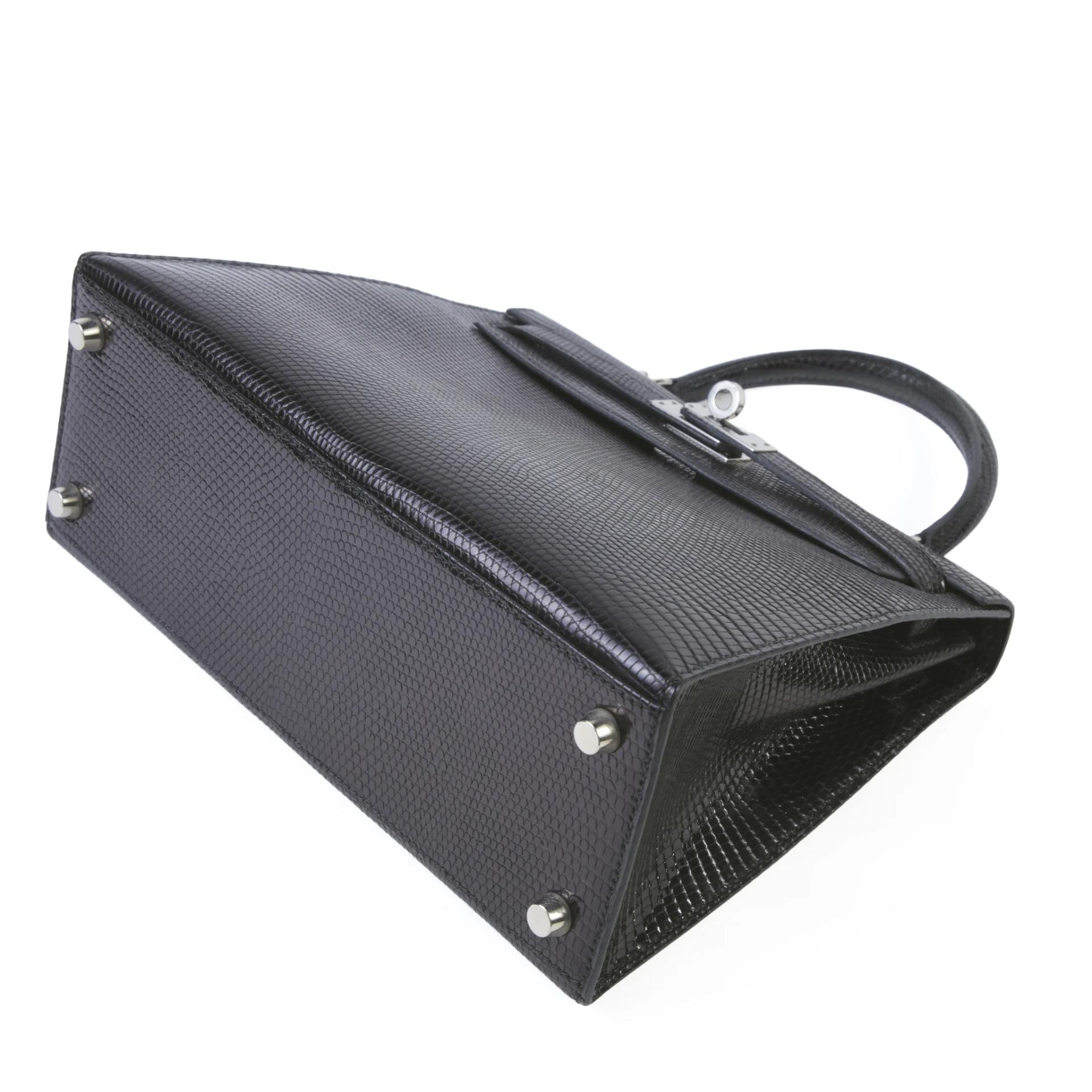 Very Good ( Rank A) HERMÈS Kelly 25 Sellier Noir (89) Lizard Palladium hardware Square F (2002) - 5