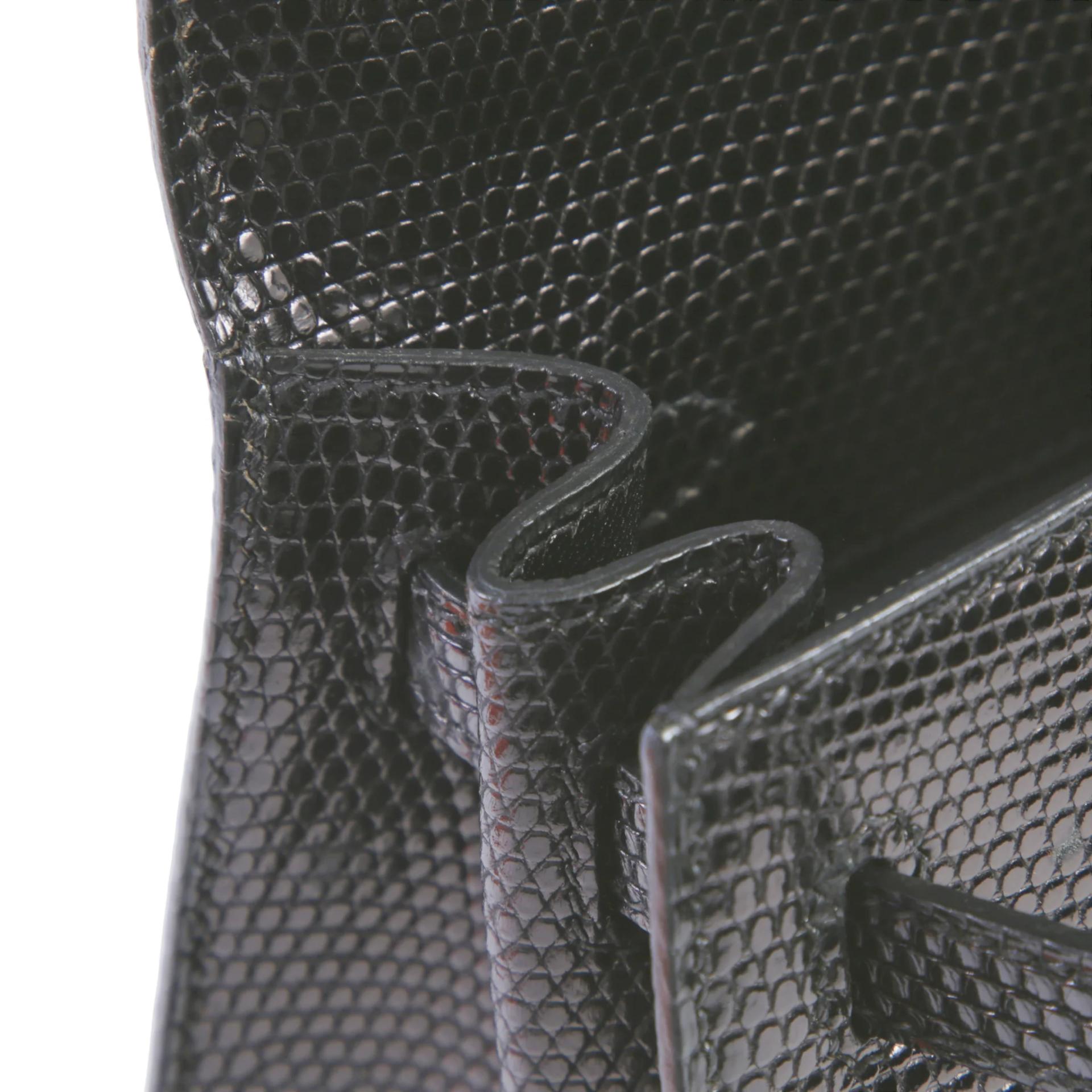 Very Good ( Rank A) HERMÈS Kelly 25 Sellier Noir (89) Lizard Palladium hardware Square F (2002) - 13