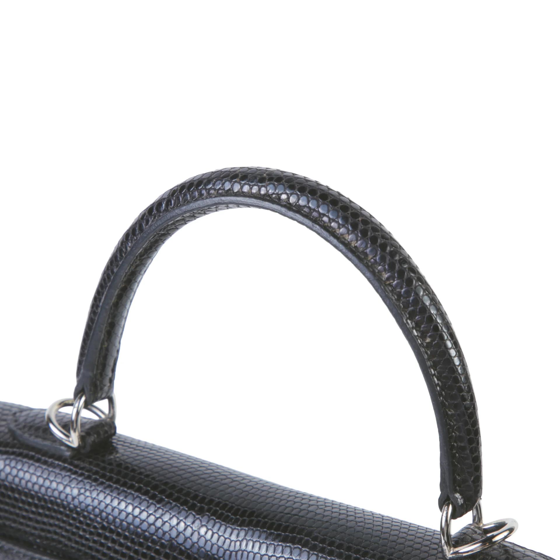 Very Good ( Rank A) HERMÈS Kelly 25 Sellier Noir (89) Lizard Palladium hardware Square F (2002) - 3